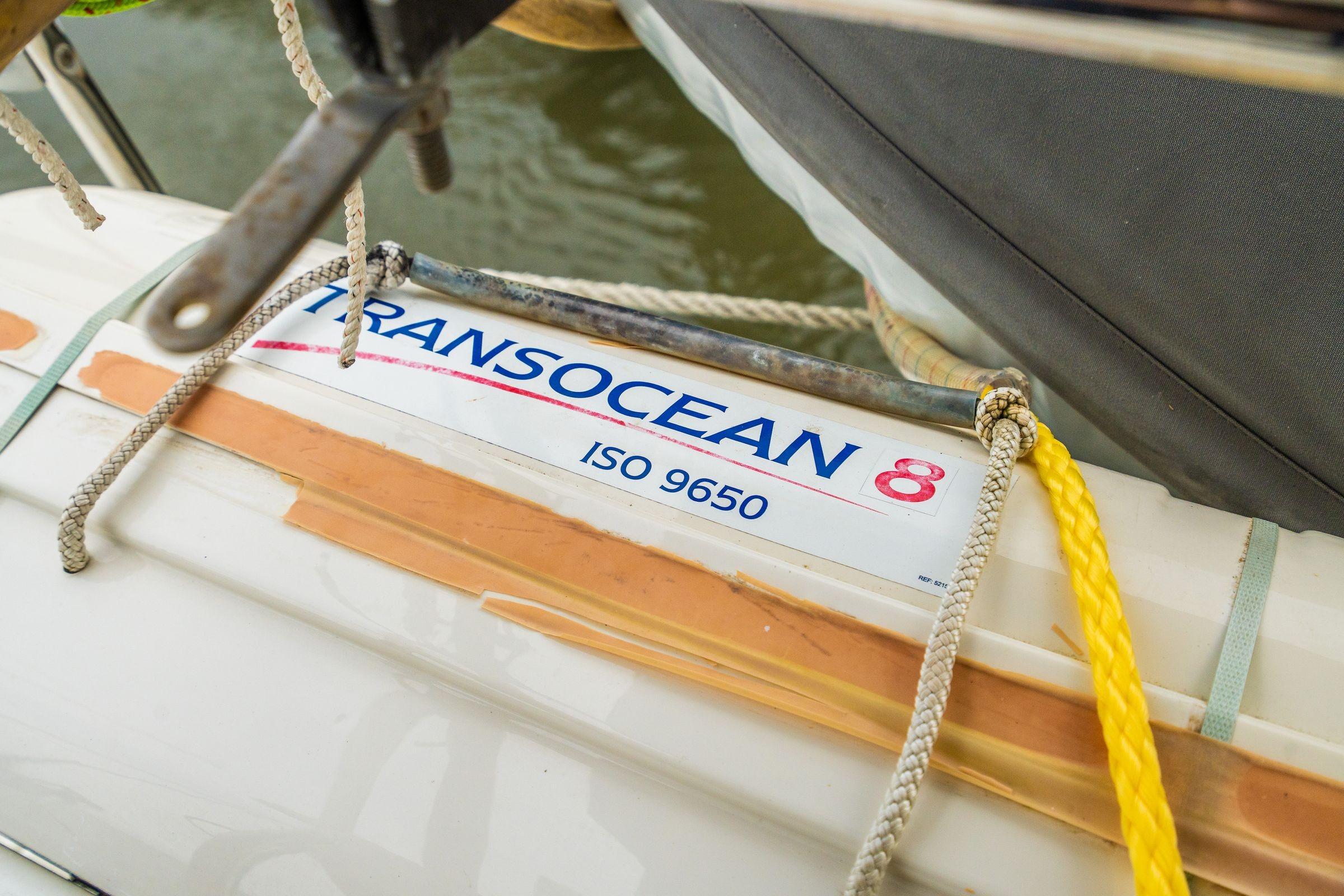 Close-up of a 2016 Fountaine Pajot Lucia 40 yacht with Transocean 8 ISO 9650 label.