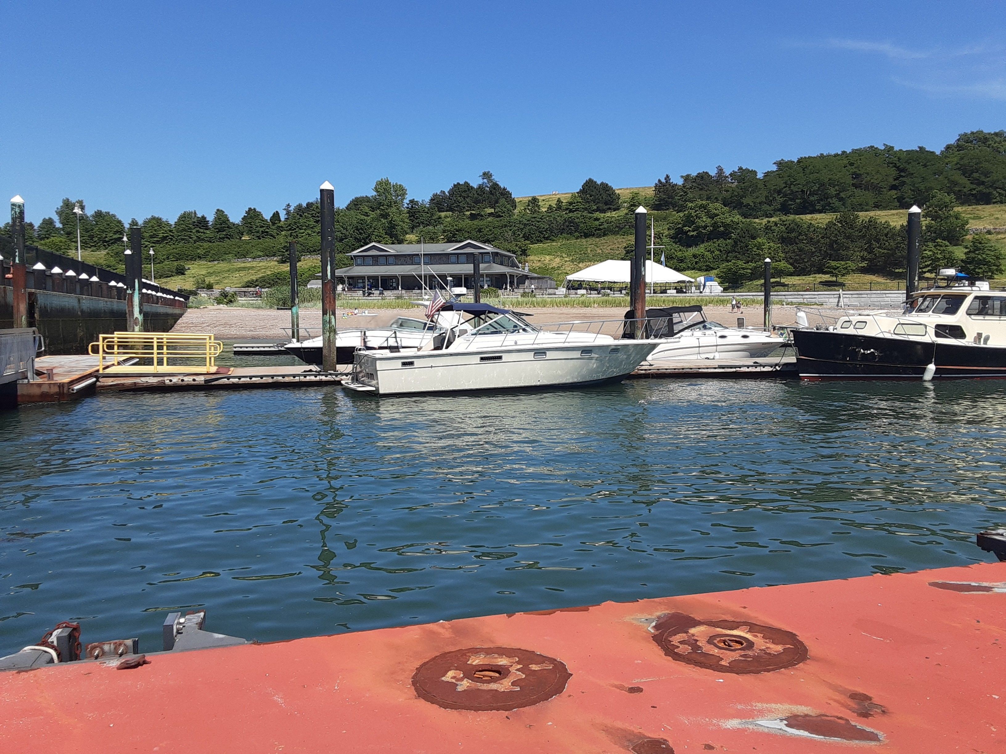 1985 Tiara Yachts 3100 Open docked on a sunny day.
