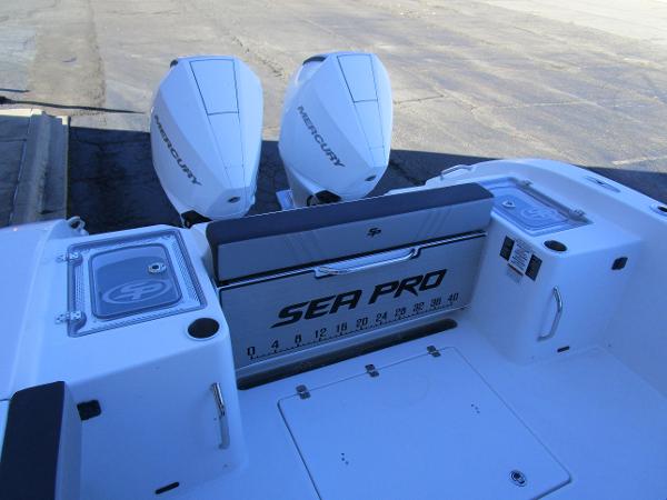 2025 Sea Pro 292 Offshore boat with dual Mercury engines, rear deck view.