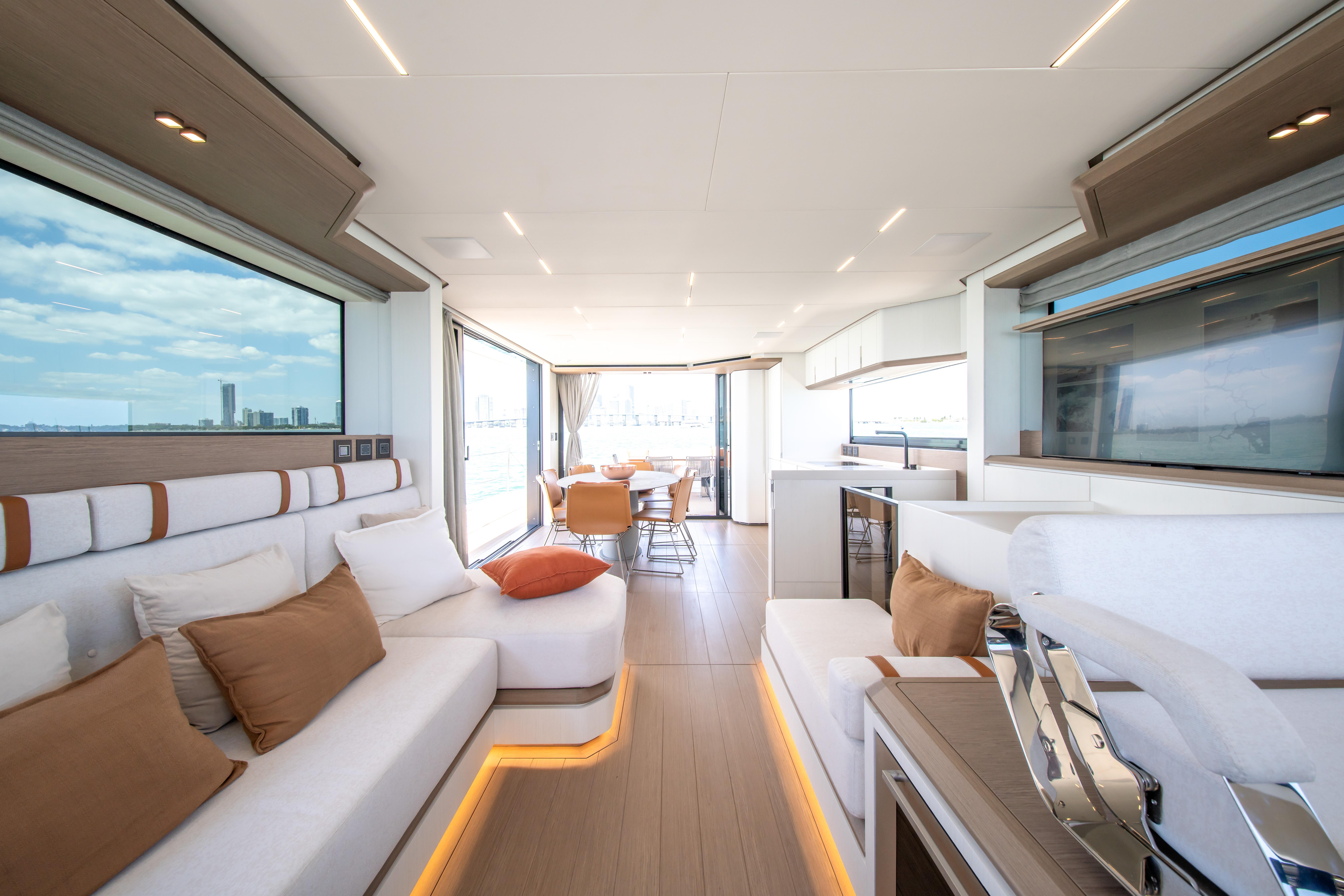 Luxurious interior of 2027 Pardo Yachts E72, featuring elegant seating and modern design.