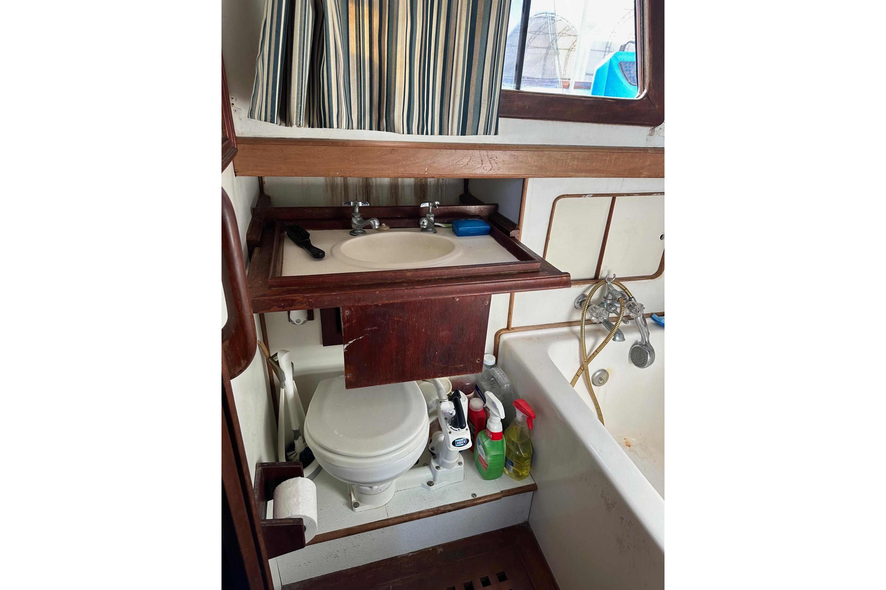 Bathroom of 1981 Albin 36 Trawler with sink, toilet, and cleaning supplies.