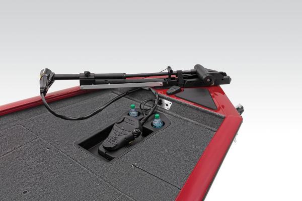 Close-up of the bow of a Tracker Pro Team 175 TXW boat with trolling motor and pedal control.