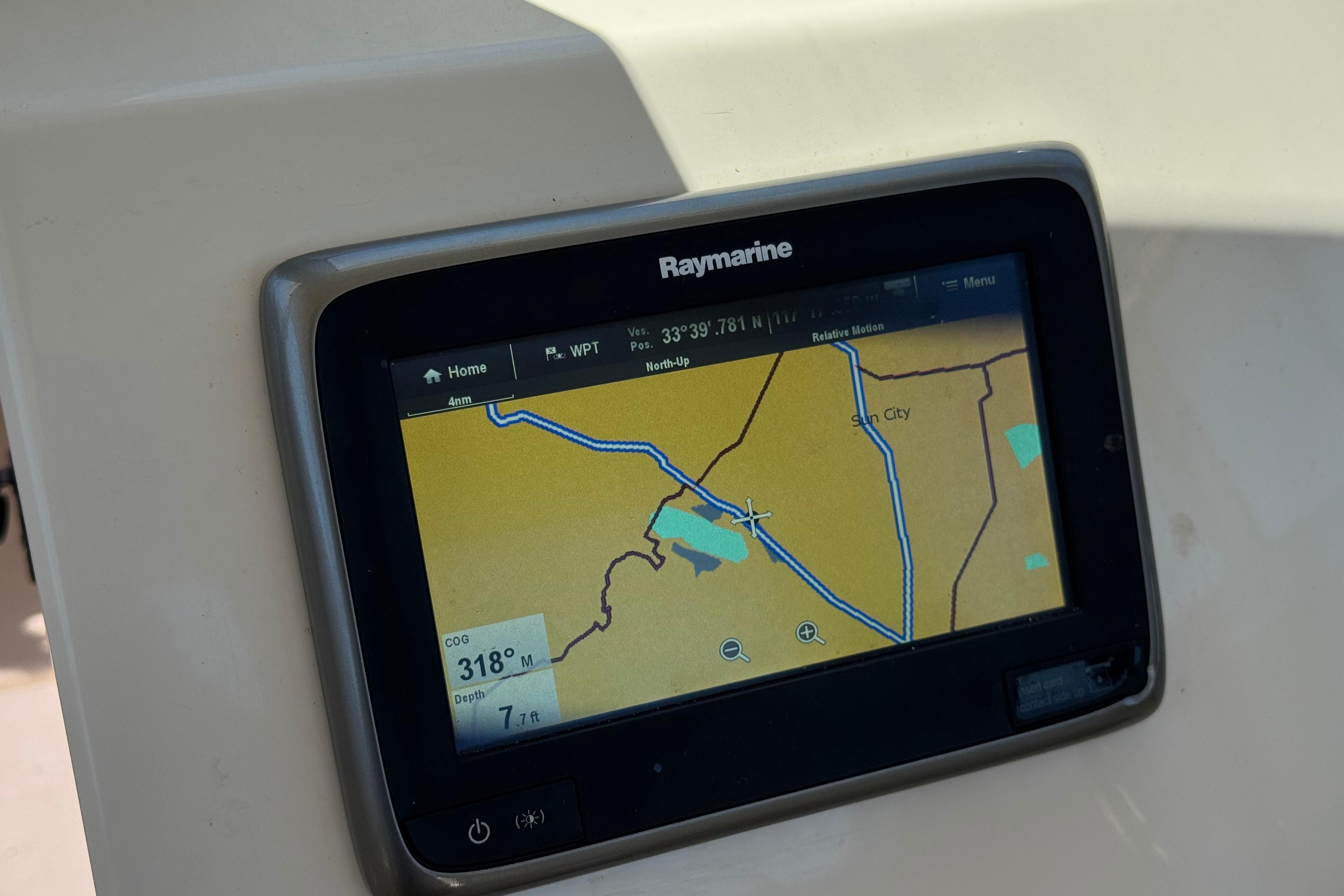 Raymarine GPS display on 2017 Defiance Admiral 220 EX boat, showing navigation map.