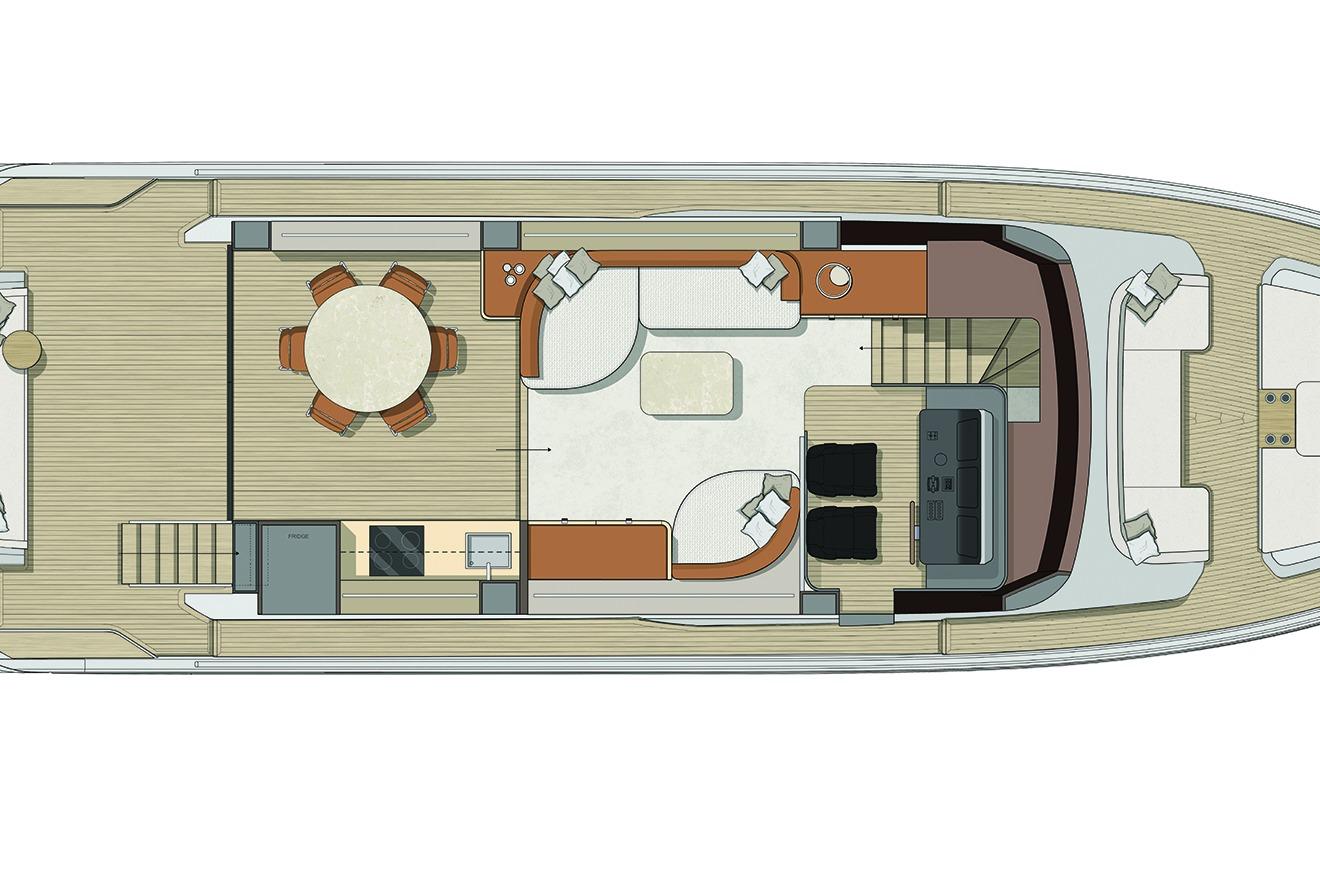Floor plan of 2026 Cranchi 62 yacht, featuring spacious interior layout and seating areas.