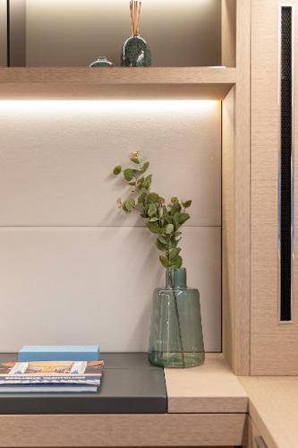 Modern interior of Lagoon SIXTY 5 yacht, featuring elegant decor and minimalist design, 2025 model.