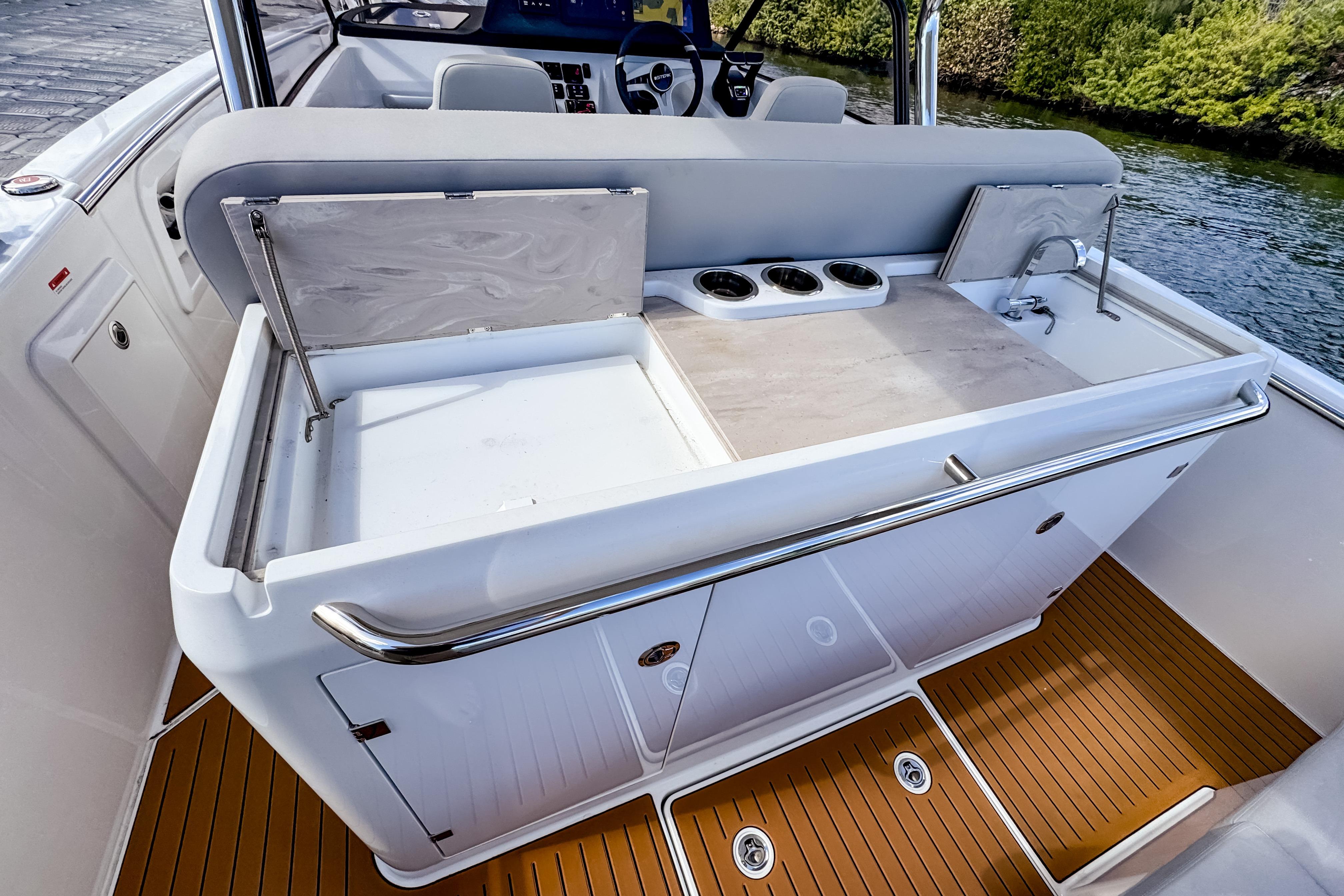 2025 STERK 31 boat interior with sleek kitchen area and modern design.