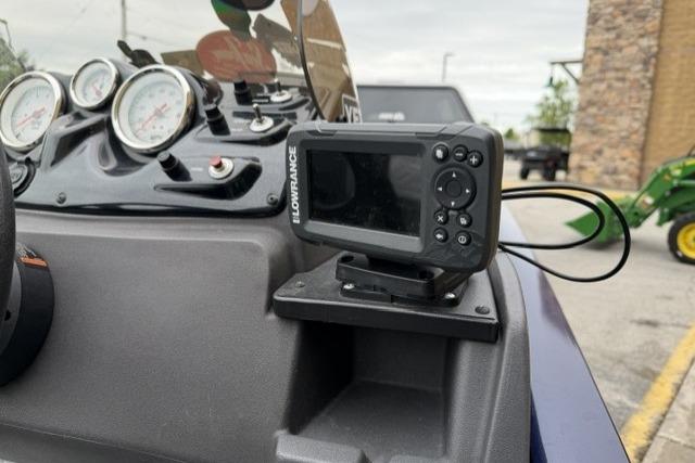 Dashboard of a 2020 Tracker Pro 170 boat with Lowrance fish finder and gauges.