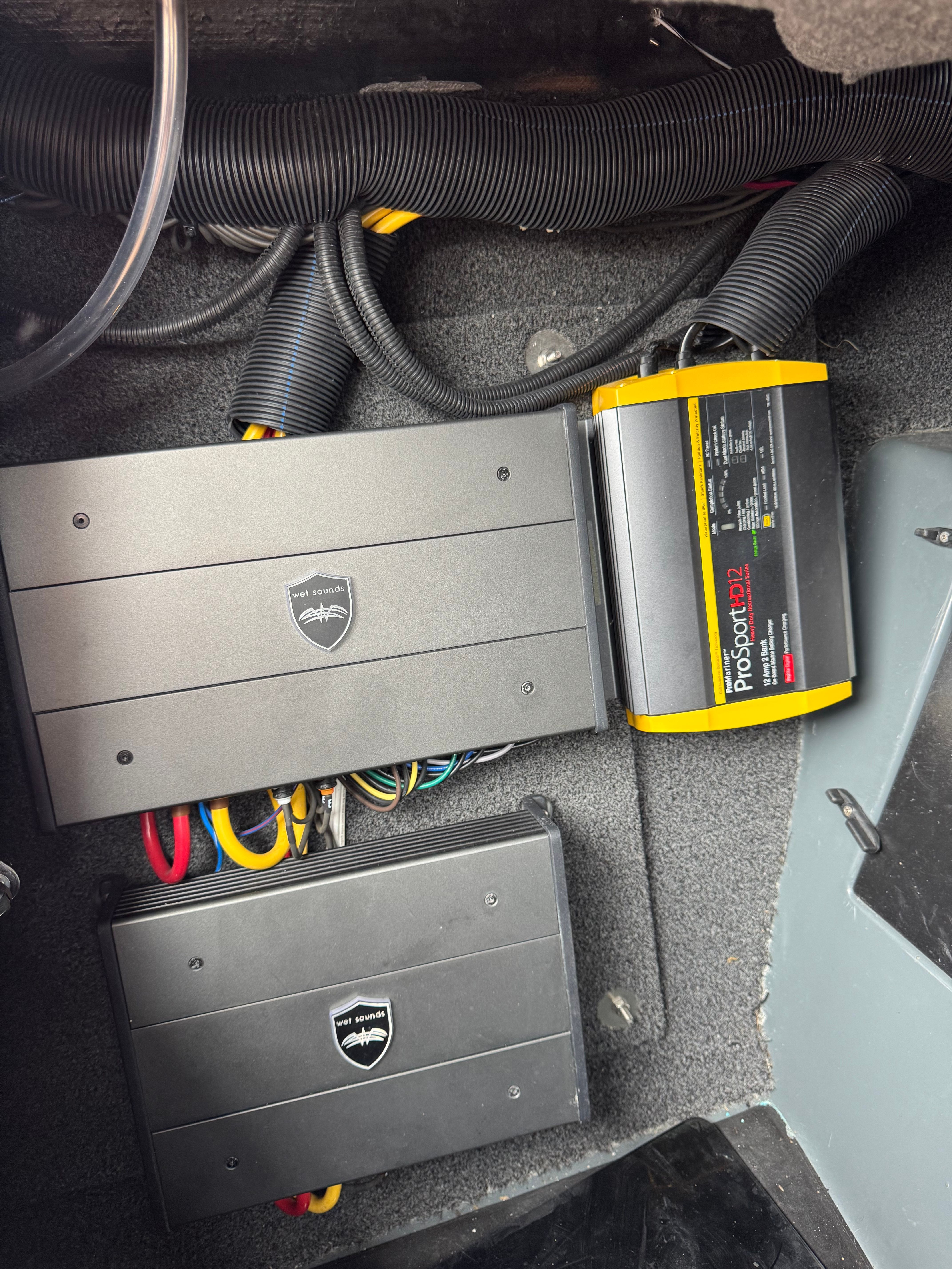 Electronic devices and wiring inside a boat.
