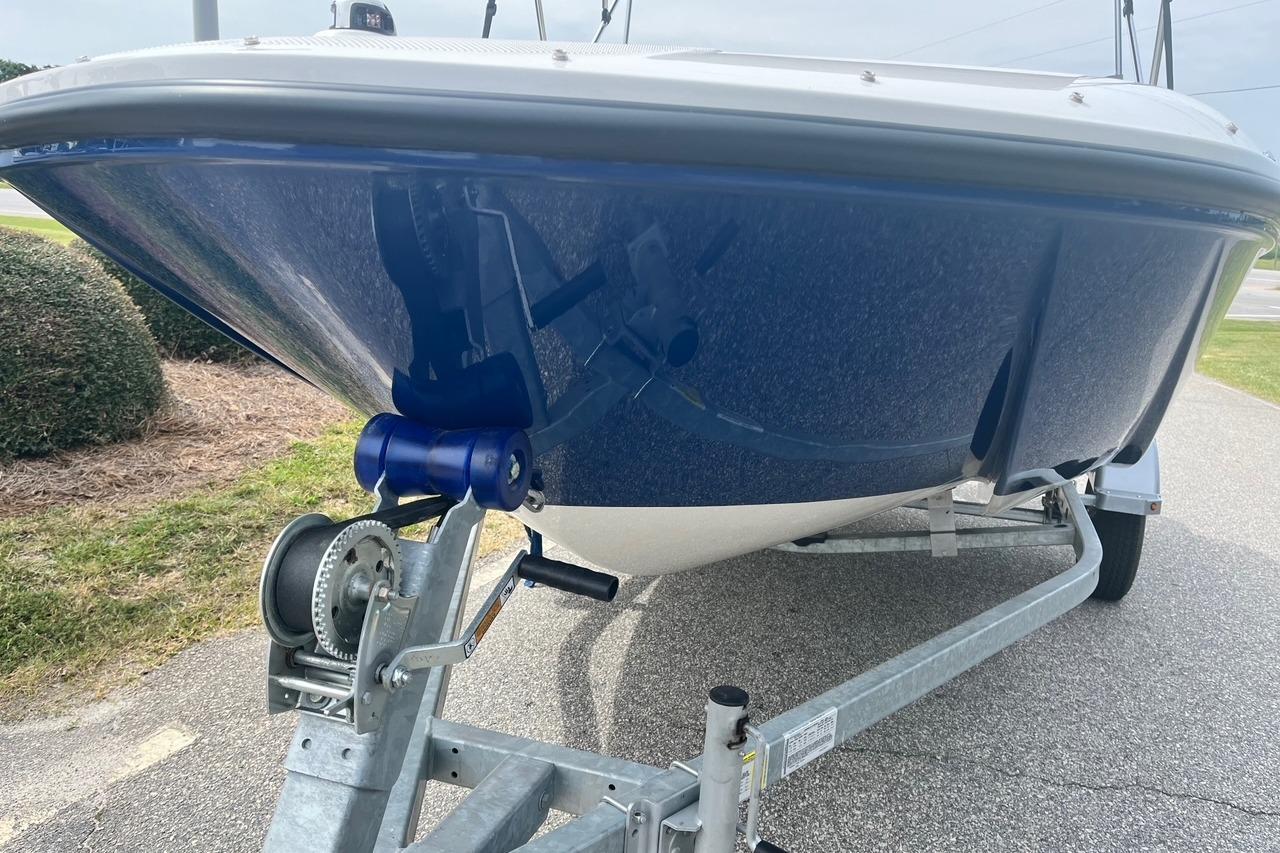 2026 Bayliner Element E16 boat on trailer, blue hull color.