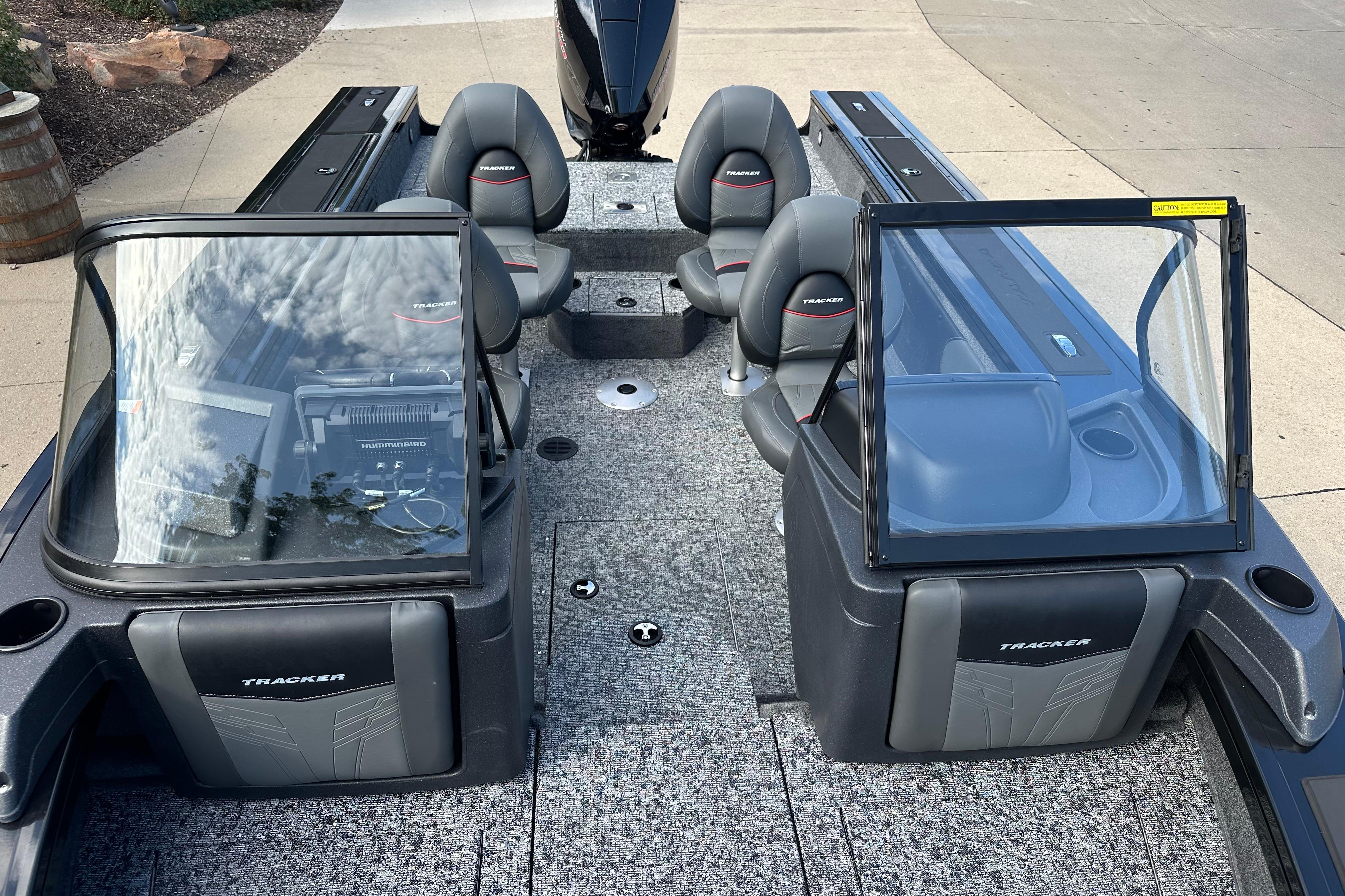 2026 Tracker Targa V-19 WT boat interior with seating and dashboard view.