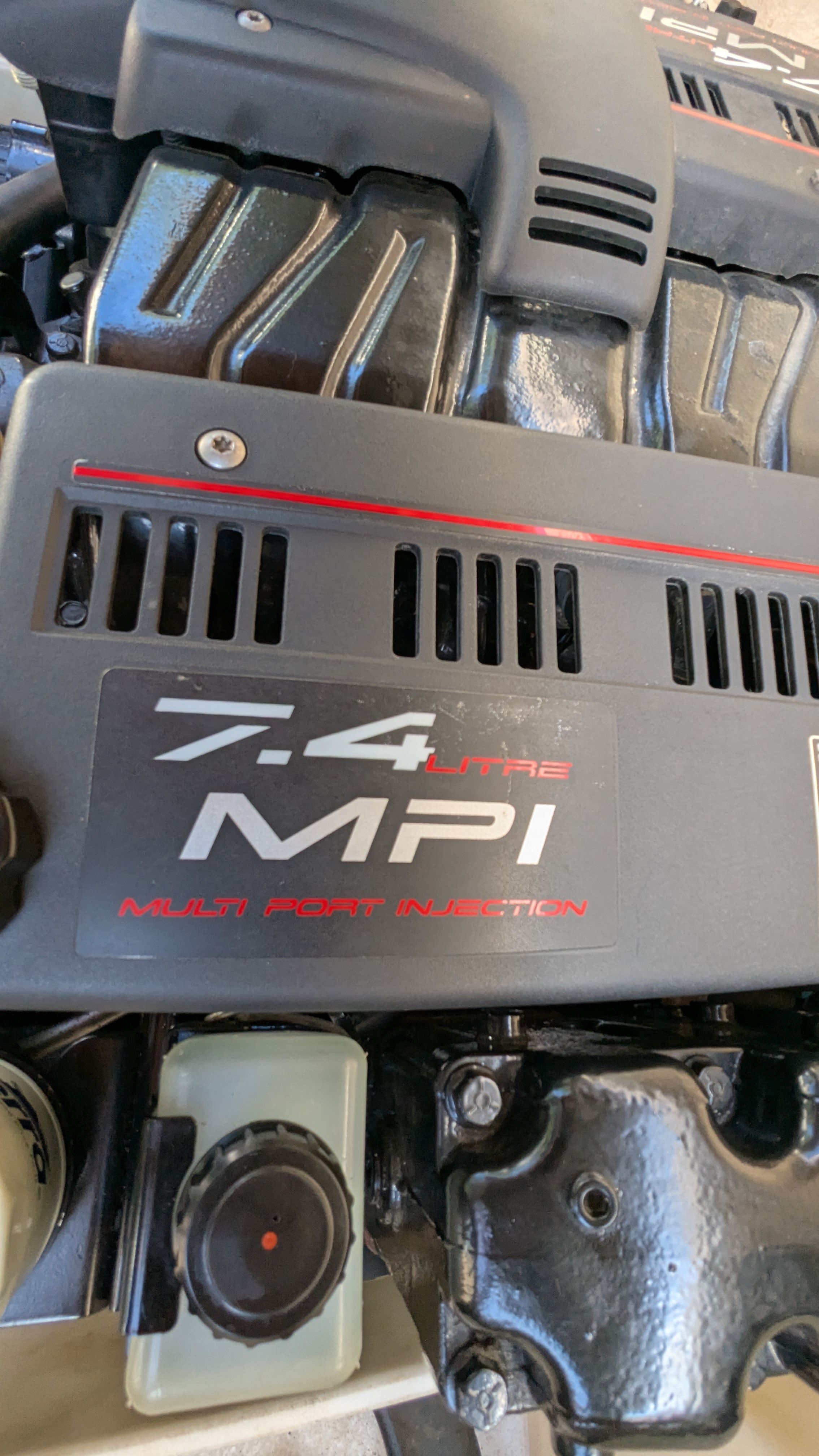 Close-up of a 7.4-liter MPI engine with multi-port injection.
