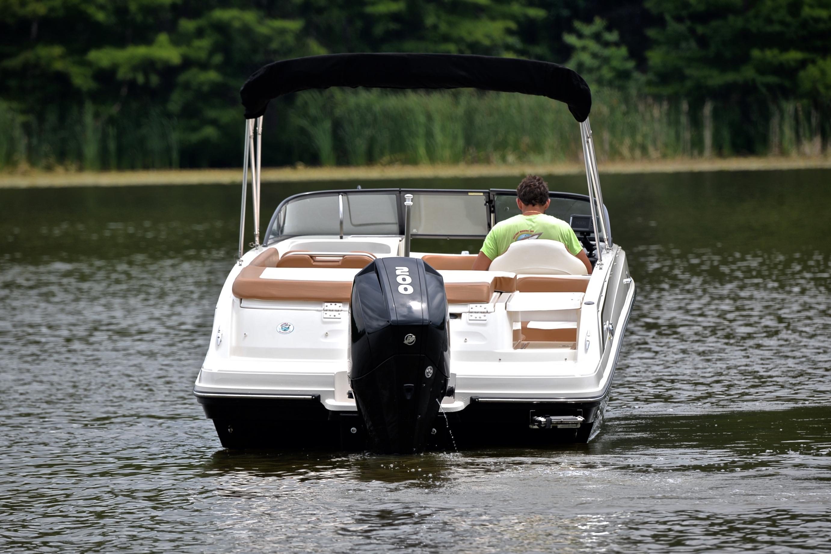2019 Bayliner VR6 Bowrider OB on a calm lake, rear view with outboard motor.