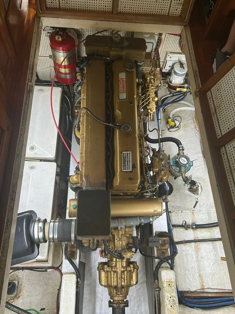 Engine room of a 1980 Grand Banks 32 Sedan.
