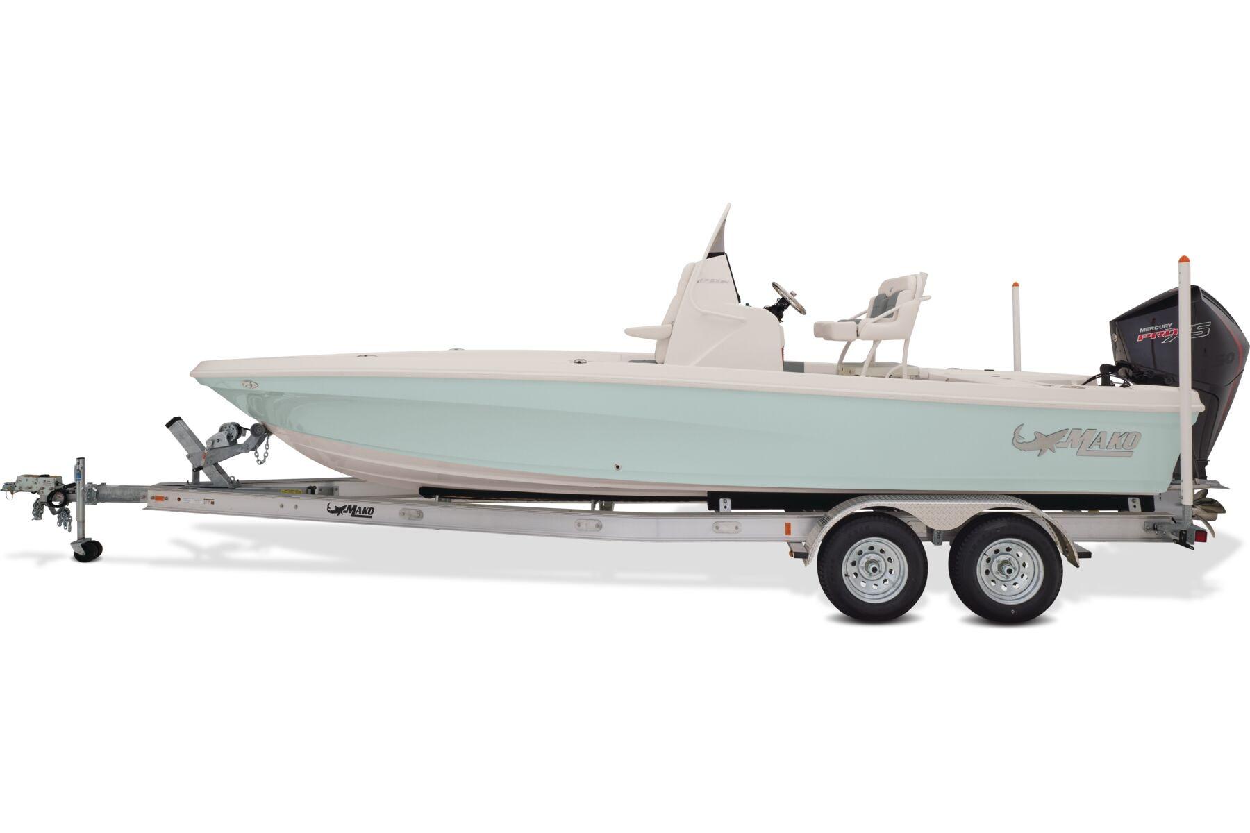 2026 Mako 24 APEX boat on trailer, side view, light blue hull.