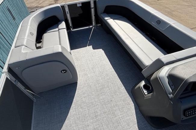 2026 Sun Tracker Party Barge 18 DLX interior with spacious seating and modern design.