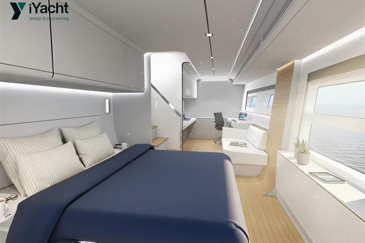 Luxurious interior of 2026 Mazarin 75 iYacht Hybrid with modern design and ocean view.