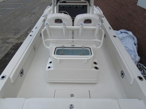 2024 Ranger 2360 Bay boat interior with seating and storage compartments.