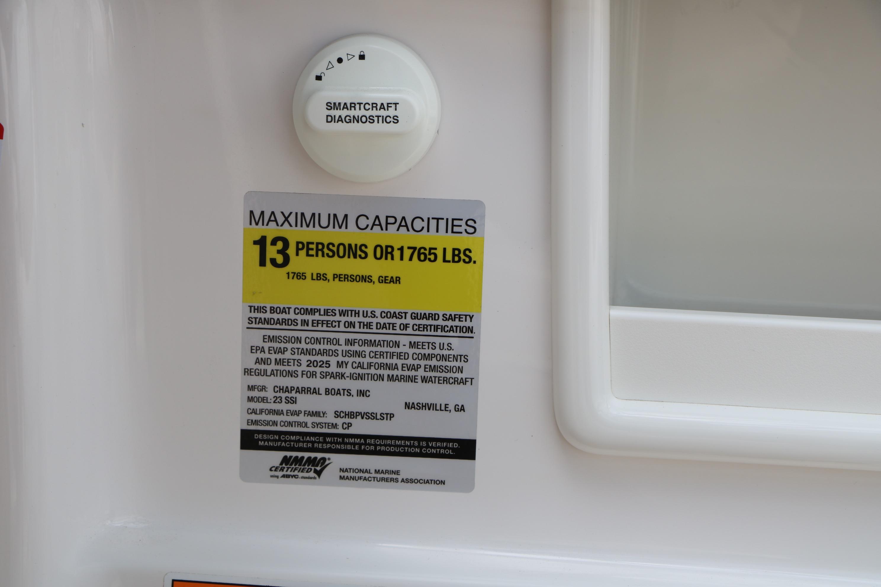 2025 Chaparral 23 SSi boat capacity label, maximum 13 persons or 1765 lbs.