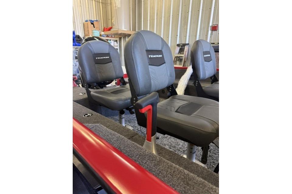 2026 Tracker Pro Guide V-16 WT boat seats in a workshop setting.