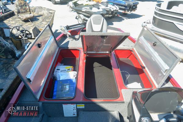 2024 Lowe Stinger 195 Bass boat storage compartments open at Mid-State Marine.