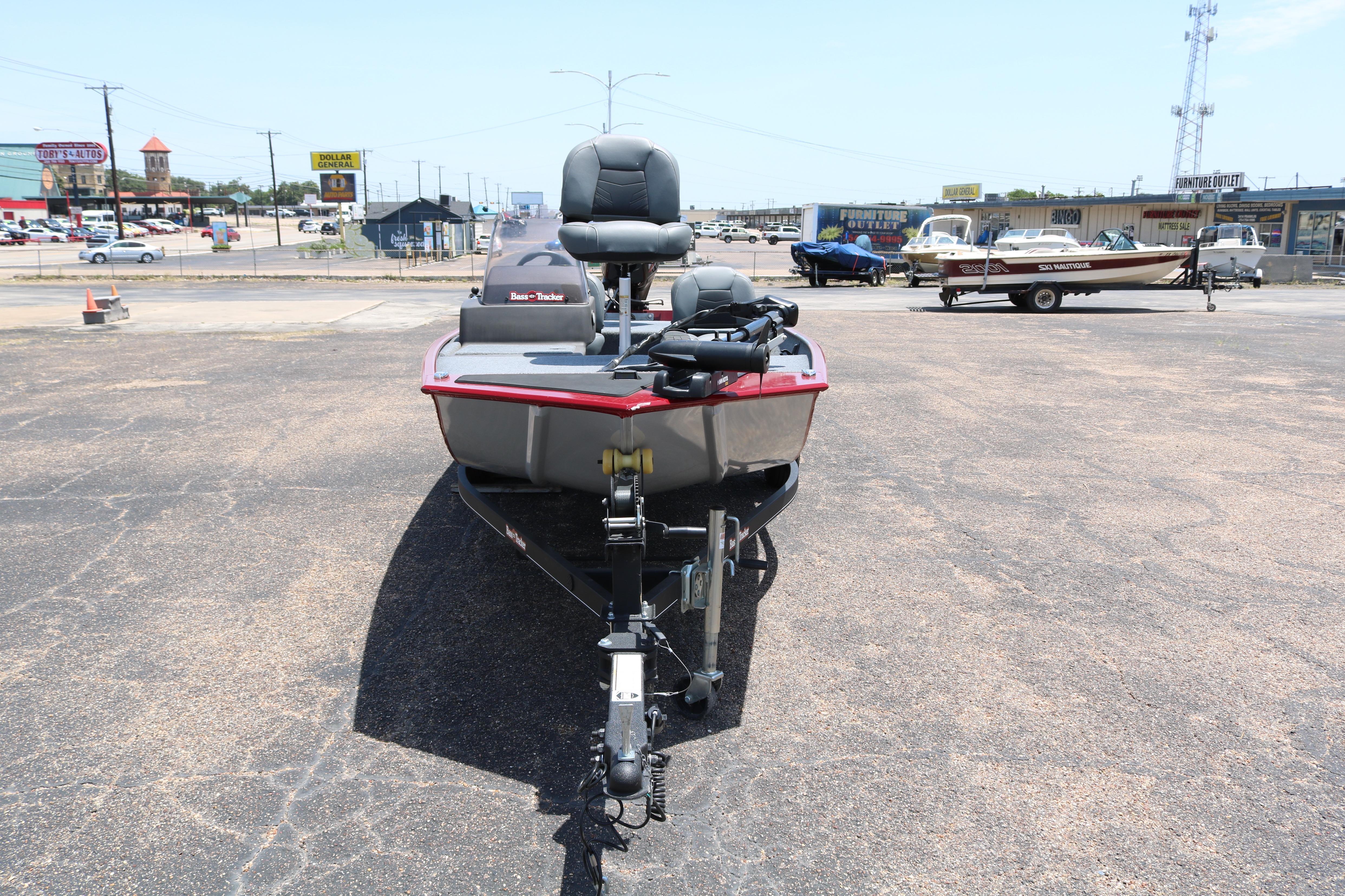 2021 Tracker Bass Tracker Classic XL boat parked in a lot, front view.