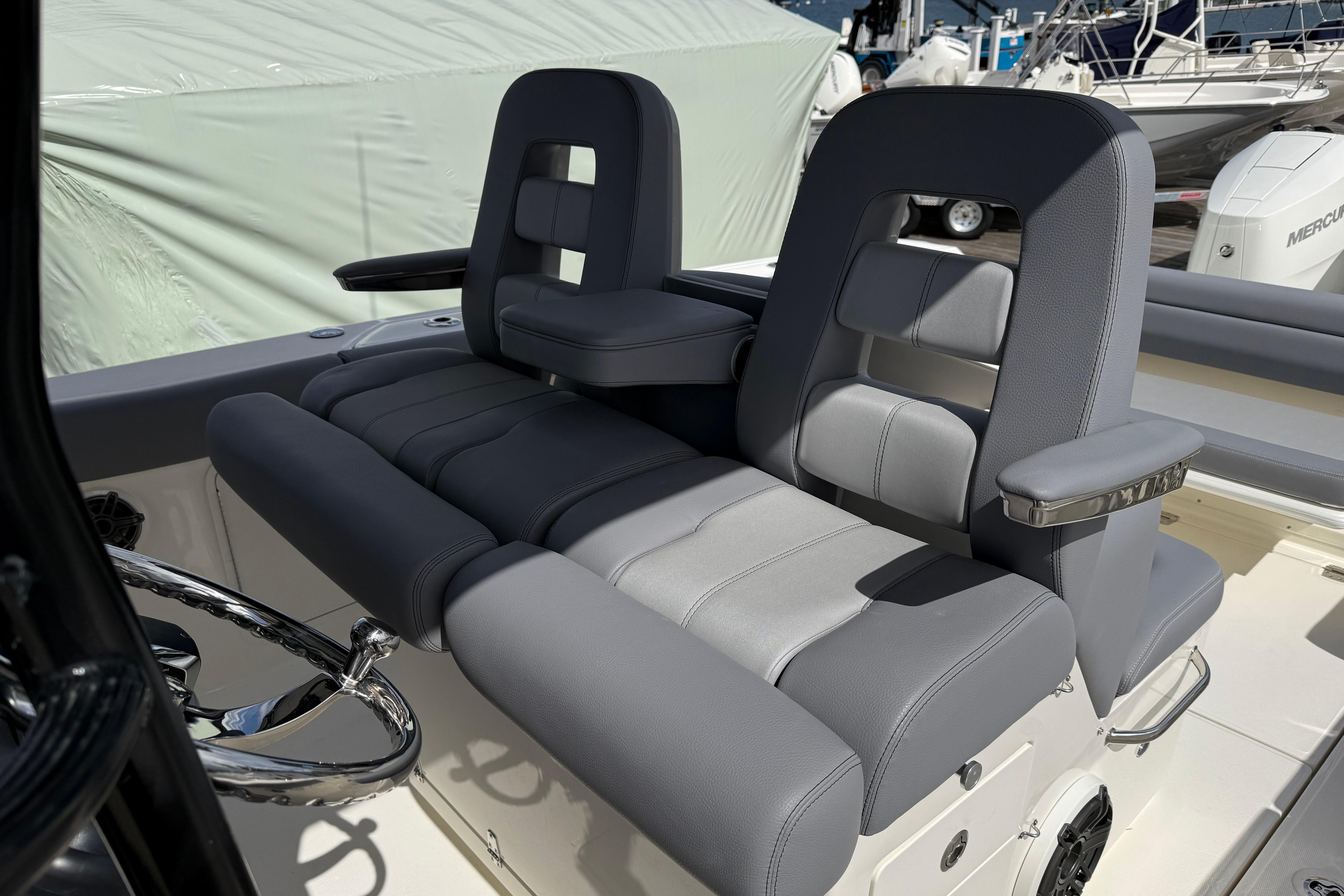 2026 Boston Whaler 330 Outrage boat seats with sleek, modern design and comfortable upholstery.