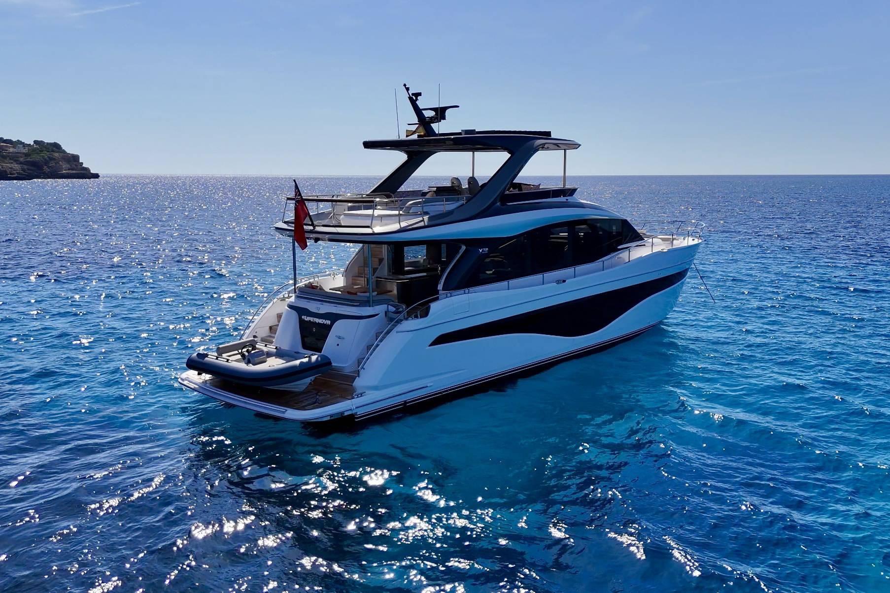 Luxury Princess Y72 yacht cruising on clear blue ocean, 2025 model.