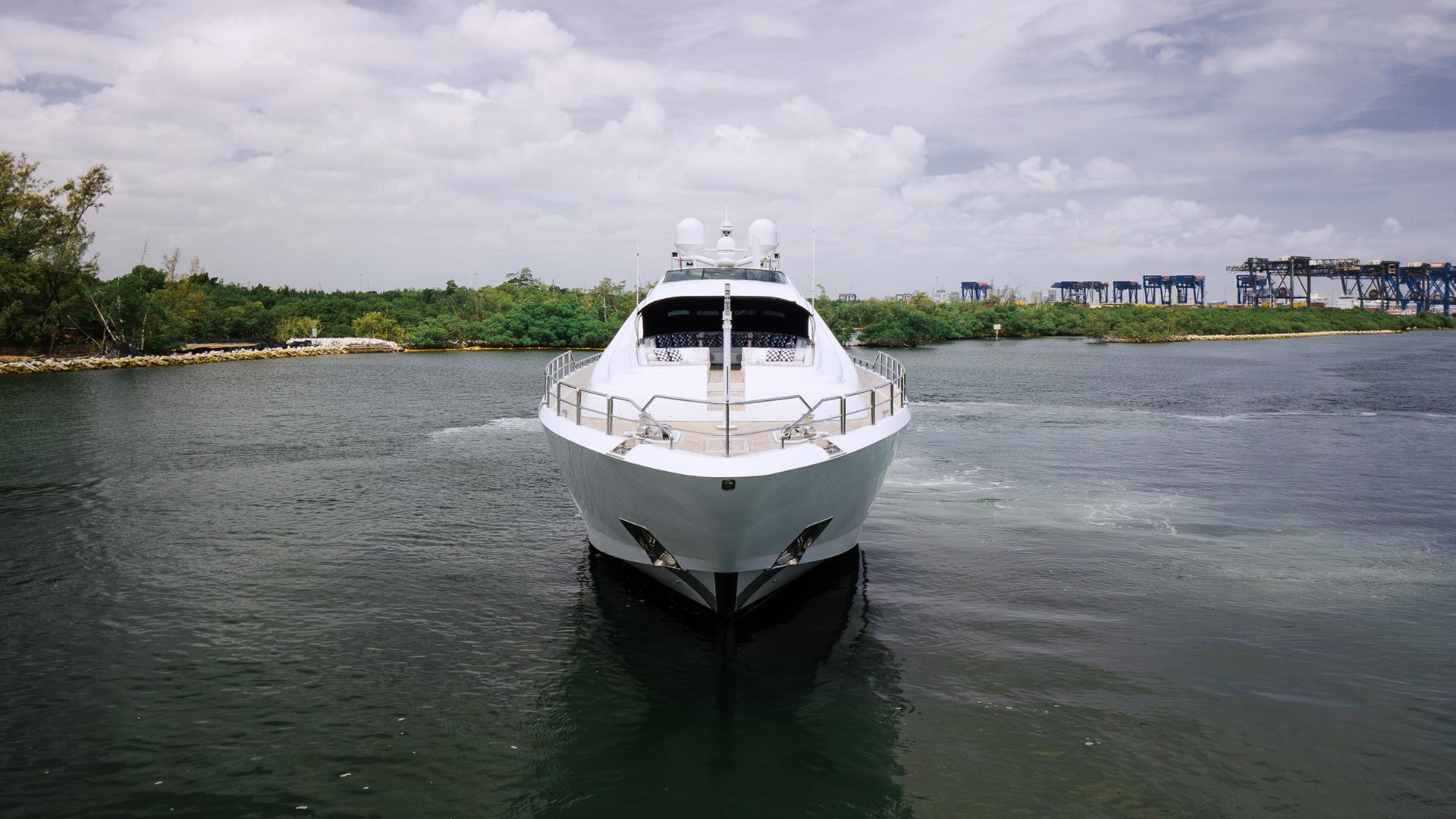 Front view of a 2010 Arno Leopard 46 yacht on calm water.