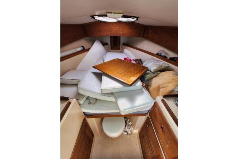1985 Wasque Down East Cruiser cabin interior with cushions and wooden paneling.