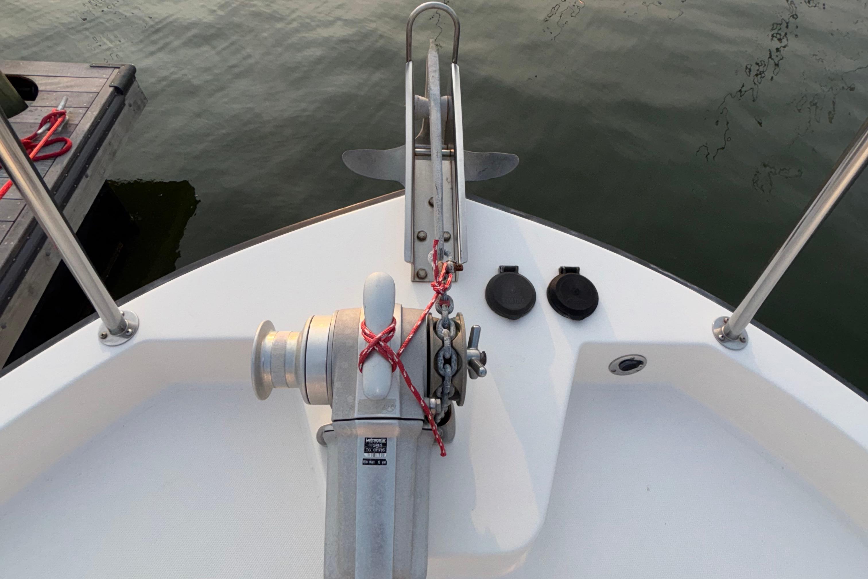 Bow of 2007 Nordic Tug 32 with anchor and winch system.