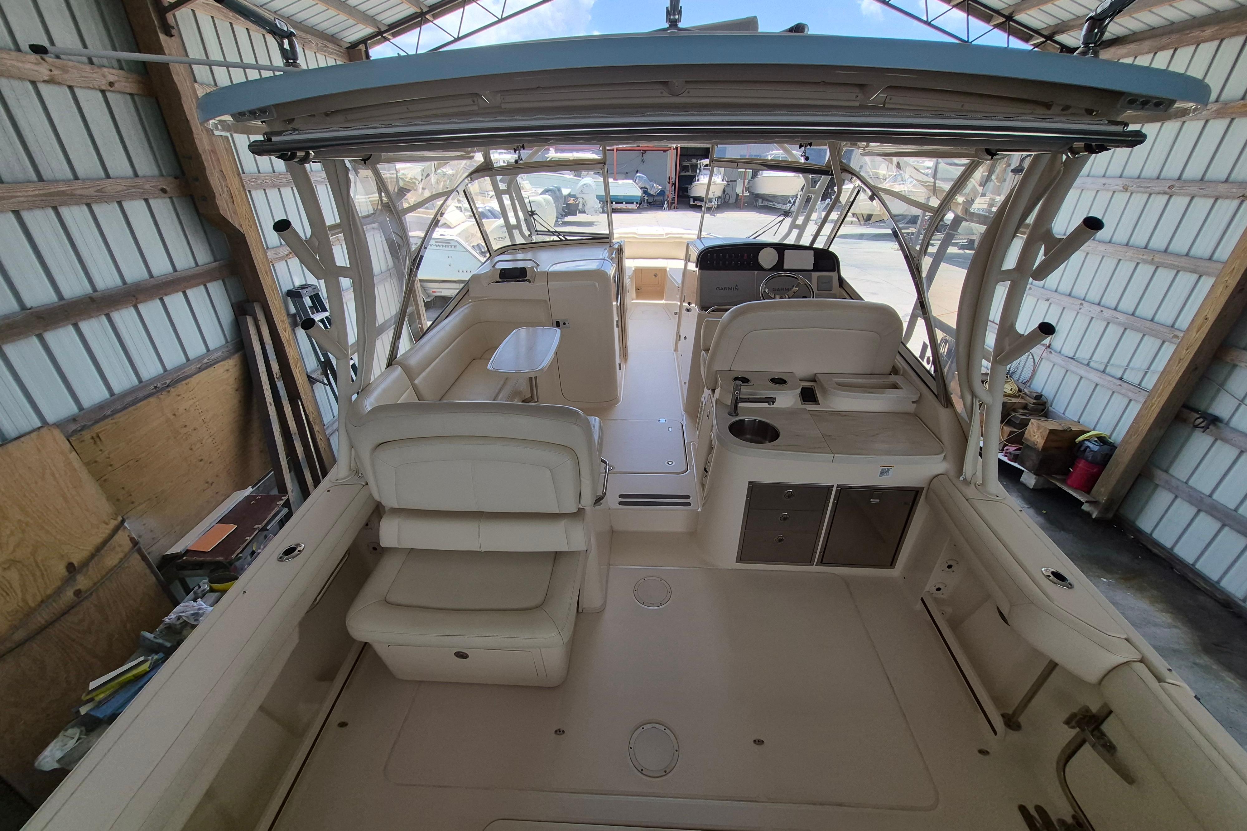 2019 Grady-White Freedom 335 boat interior in a storage facility.
