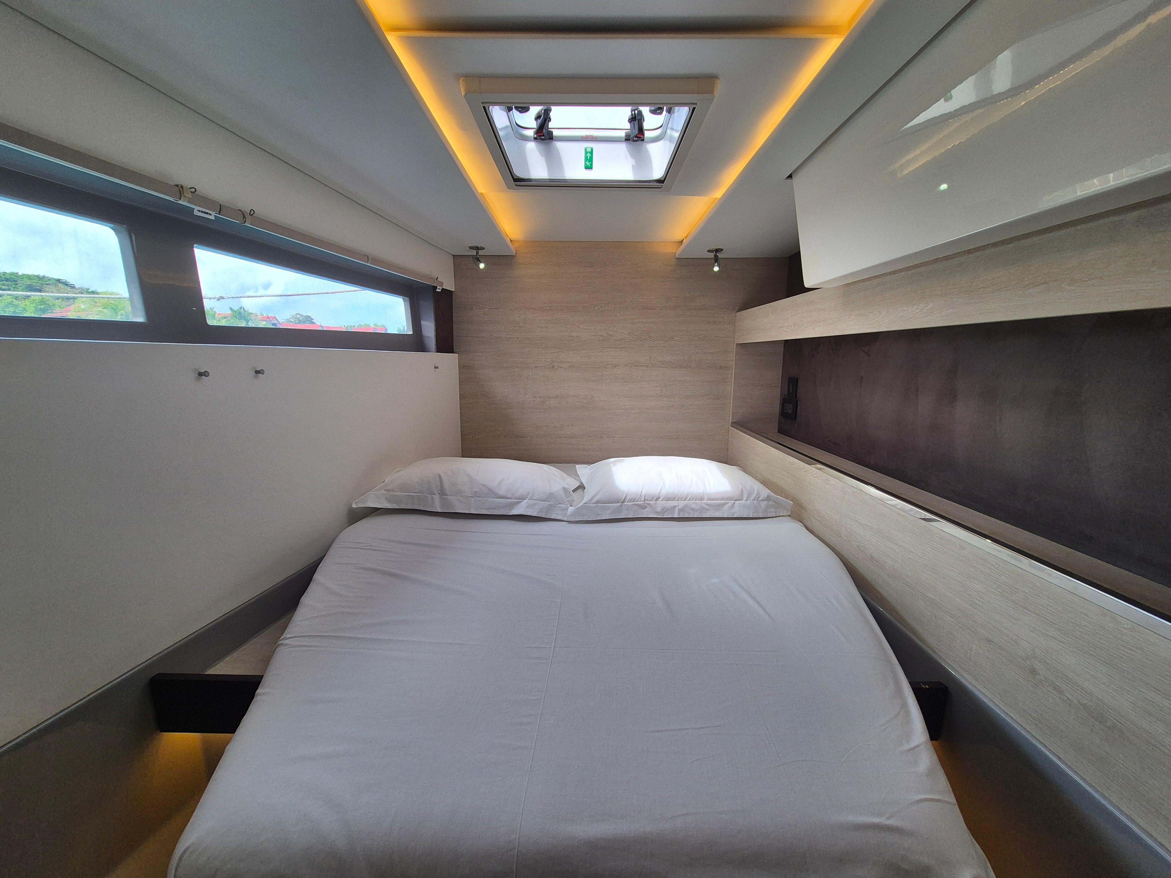 Interior of a Leopard 50 yacht, modern bedroom design, year 2021.