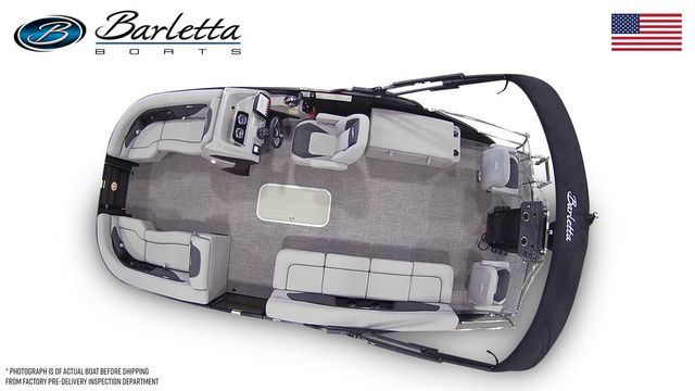 2026 Barletta Aria 22CC pontoon boat, top view, spacious seating, elegant design, American flag.