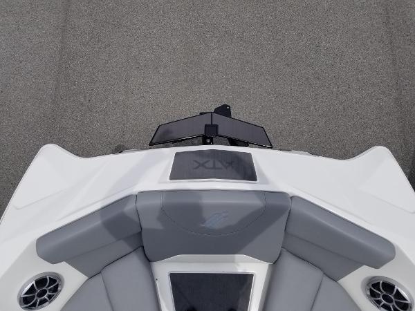 2023 ATX Surf Boats 20 Type-S bow seating area with gray and white upholstery.