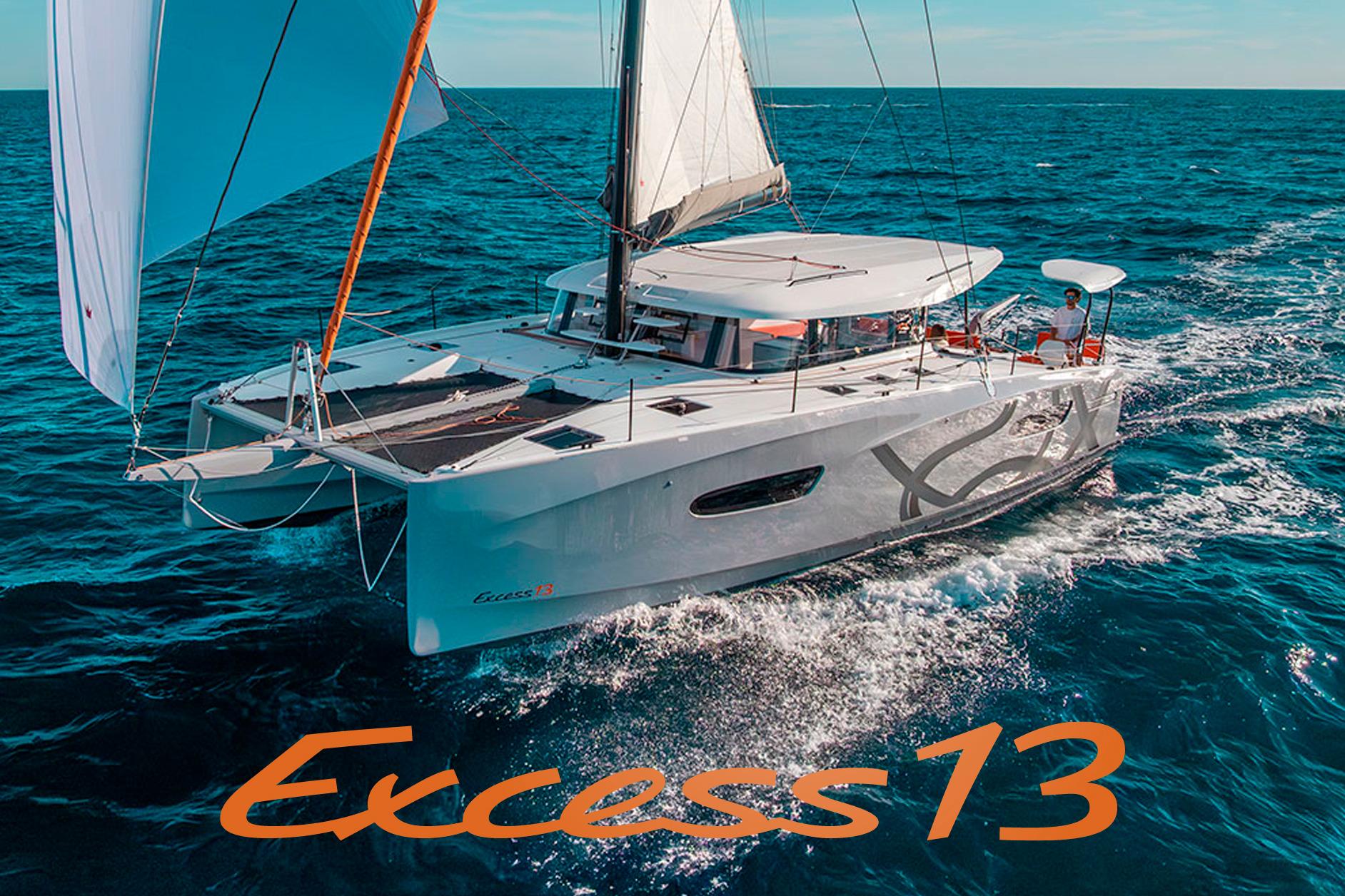 Sailing catamaran Excess 13, 2026 model, cruising on open ocean waters.