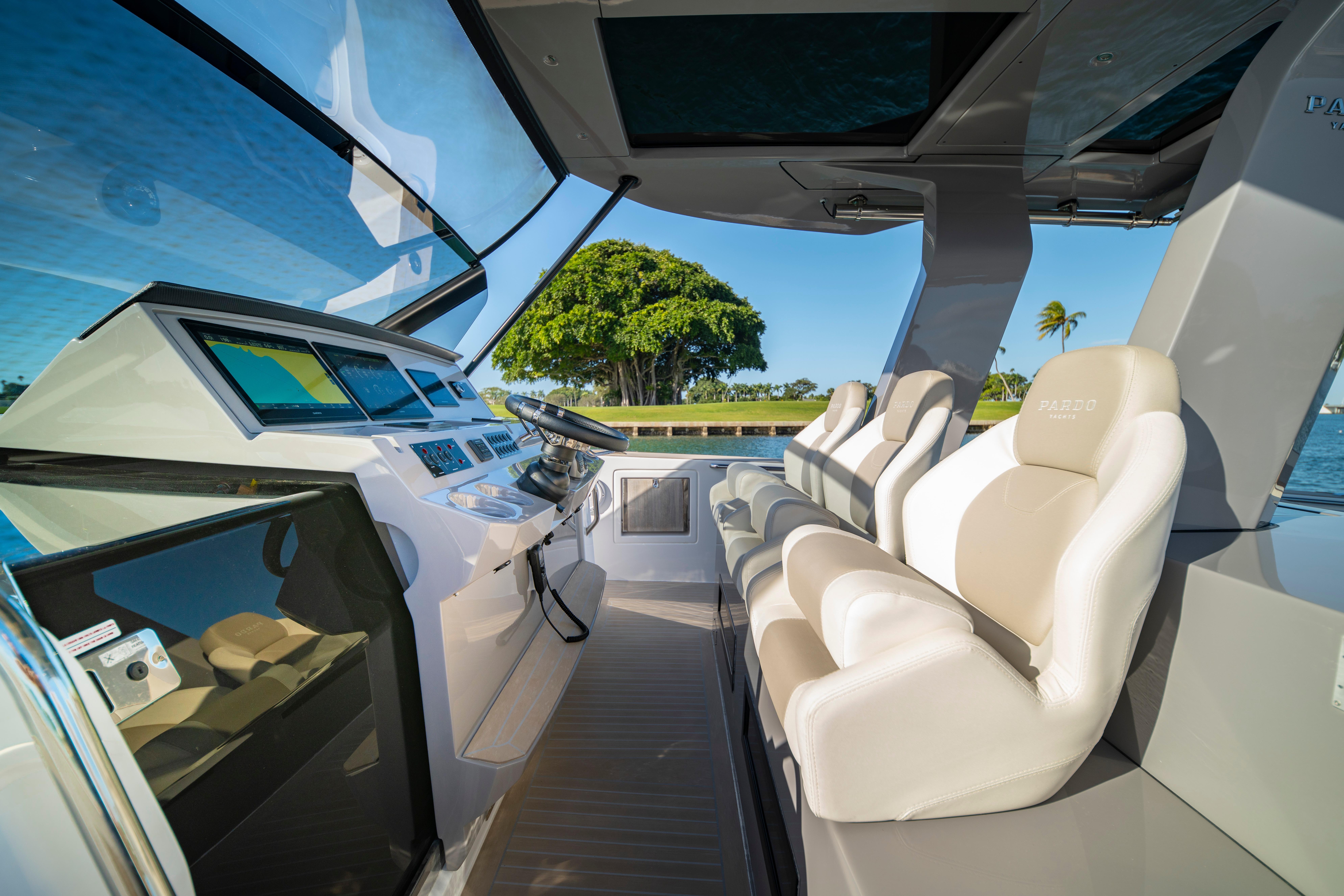 2024 Pardo Yachts P43 cockpit with modern controls and luxurious seating.