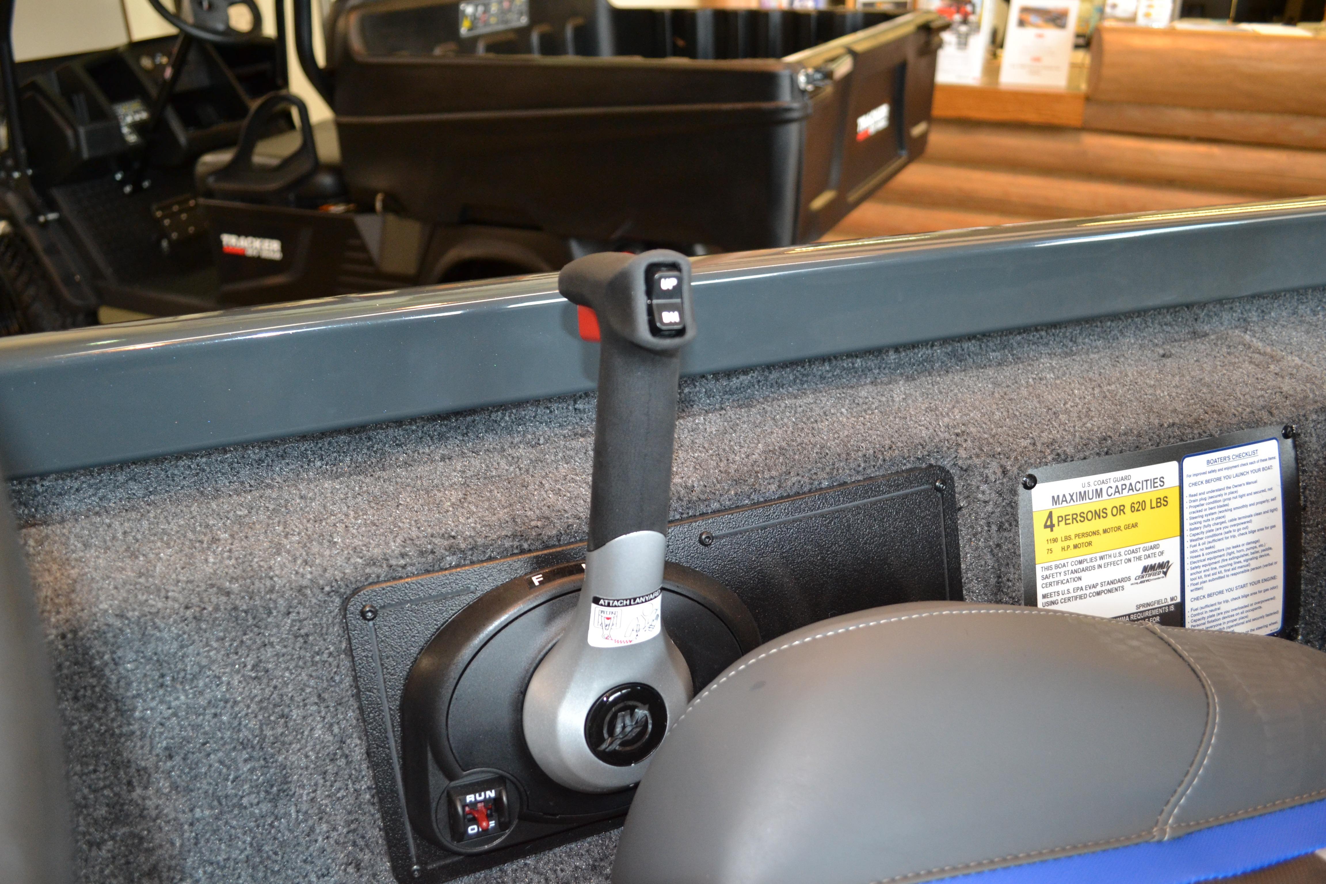 Interior of 2026 Ranger RT178C boat, featuring control lever and capacity label.