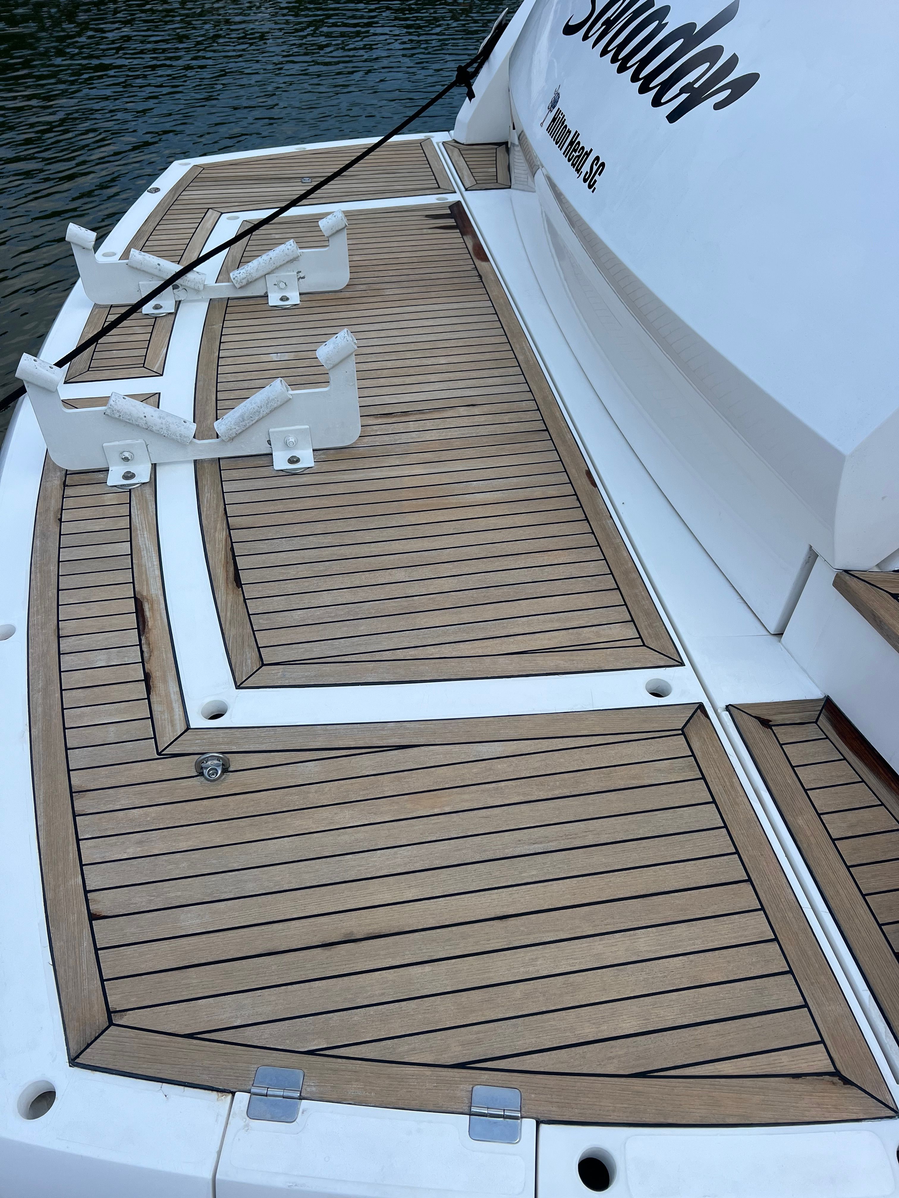 Teak deck of a 2008 Sunseeker Predator 62 yacht.