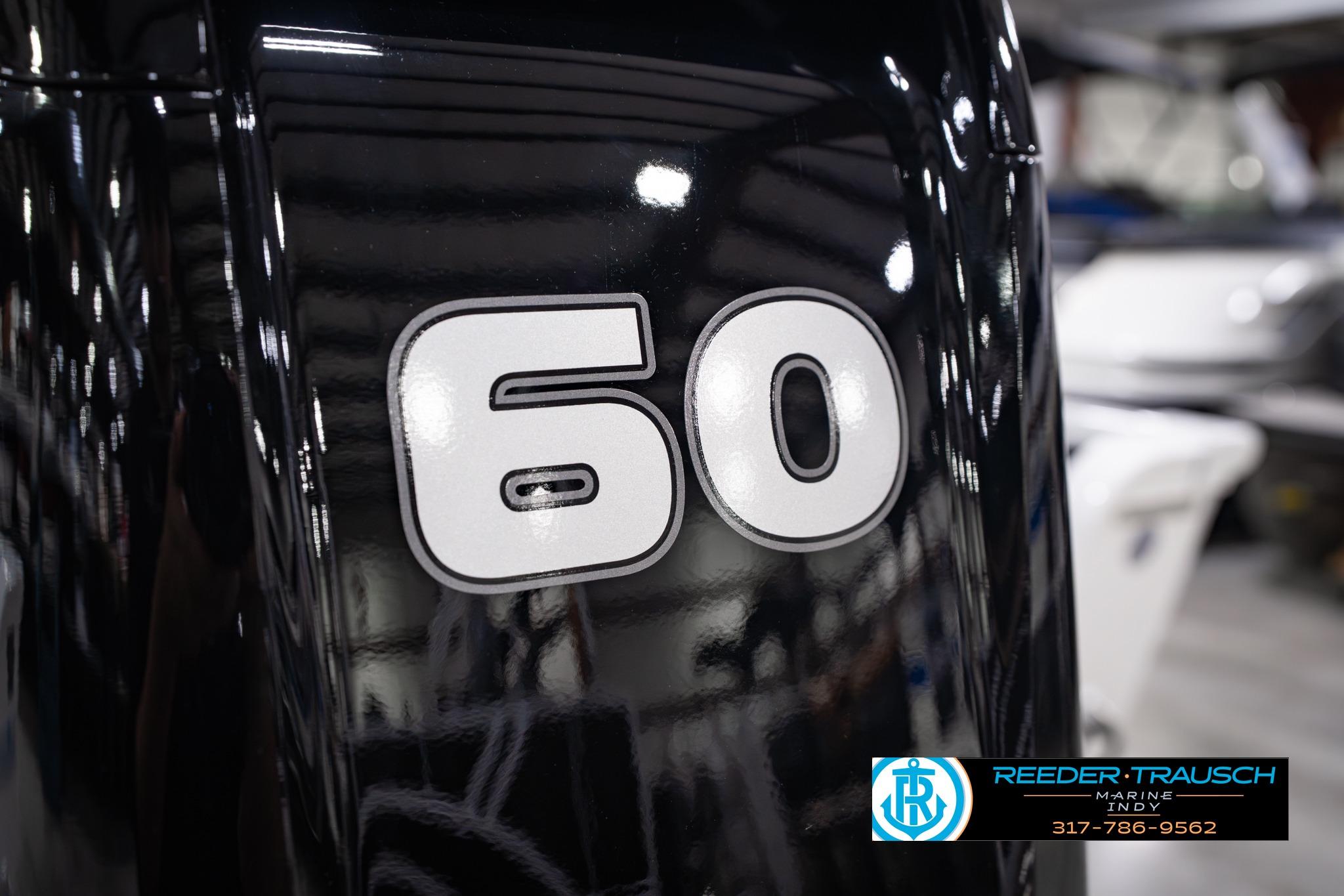 Close-up of Lund 1650 Rebel XL SS 2026 boat engine with '60' marking.