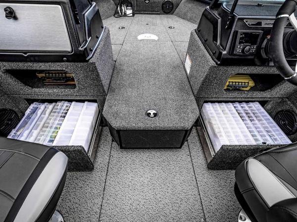 Interior of 2026 Lund 1875 Impact XS boat with organized storage compartments.