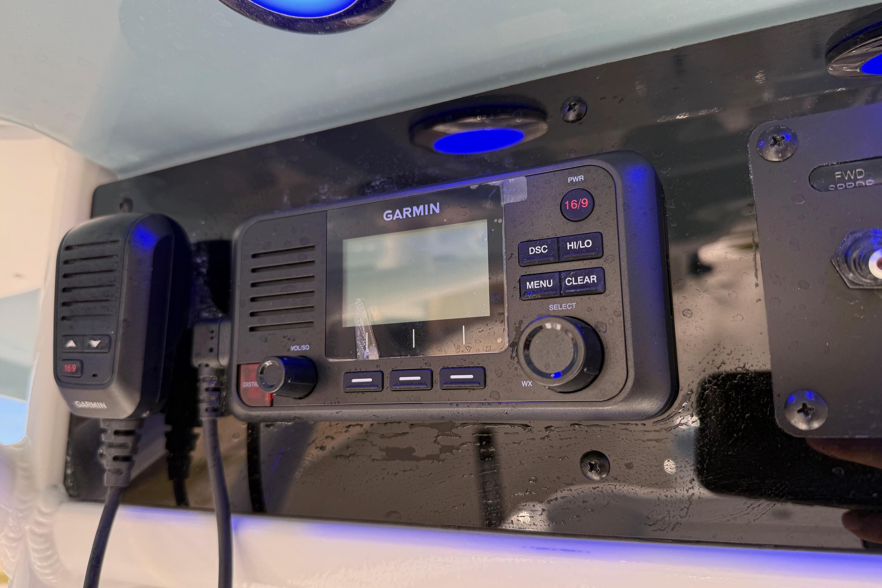 Garmin marine radio on 2026 Sea Hunt Ultra 275 Coffin Box boat dashboard.
