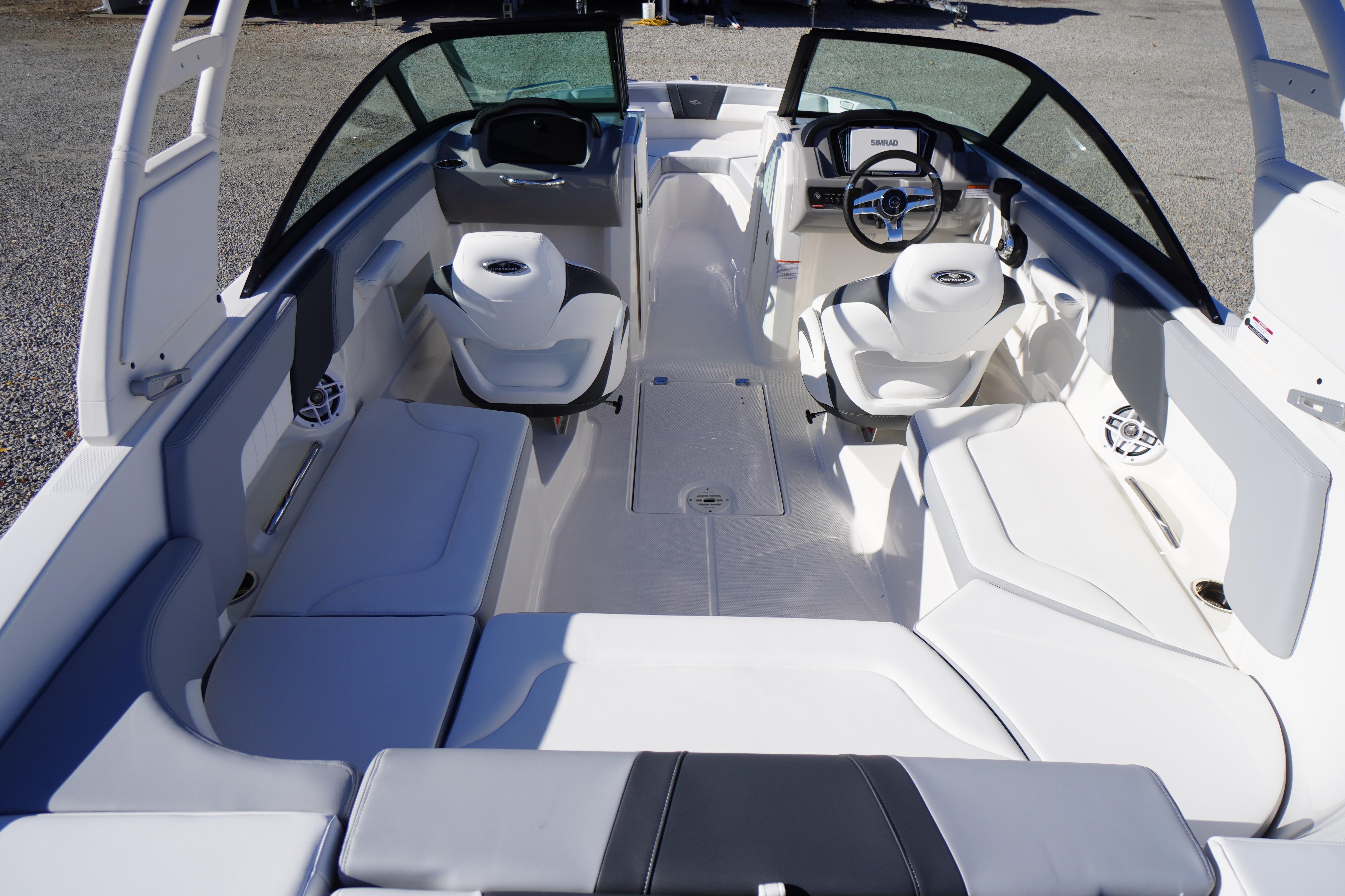 2026 Chaparral 23 SSi boat interior with modern seating and steering console.