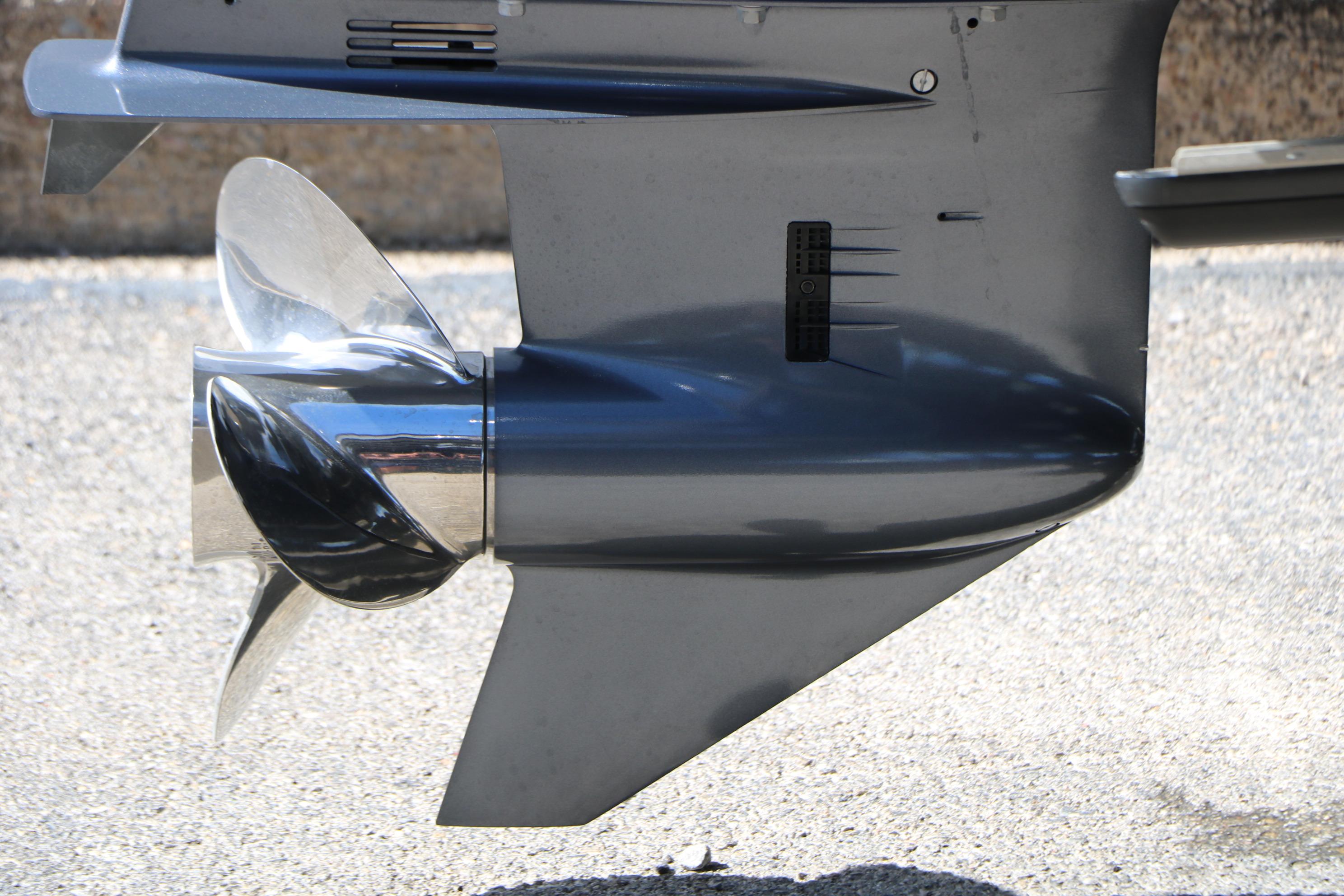 Close-up of a 2025 Smoker Craft Adventurer 188 DC boat propeller.
