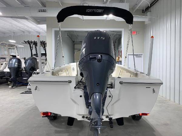 2026 Key West 188 Bay Reef boat with 115 HP engine in showroom.