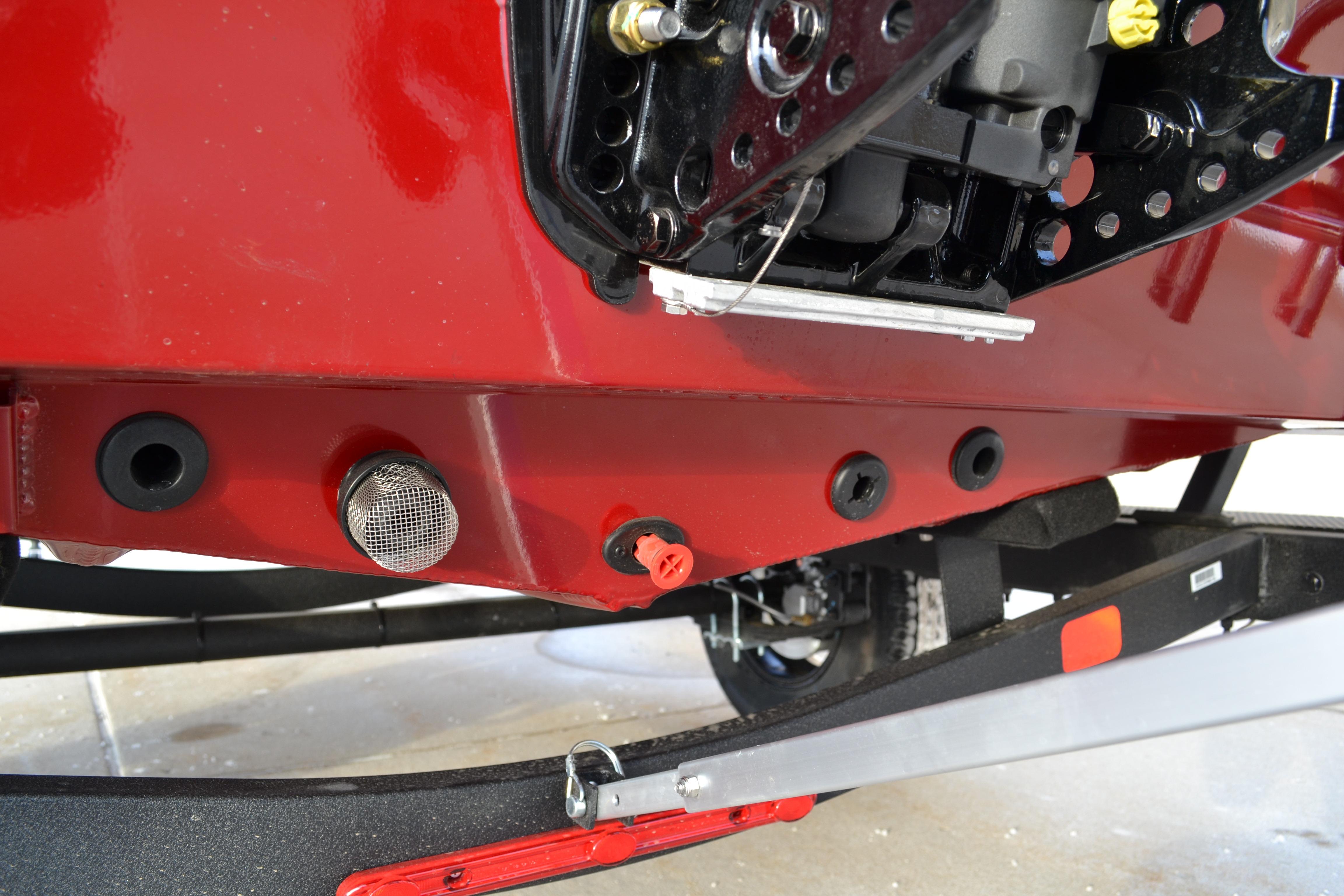2026 Ranger RT188 boat underside with red finish and mechanical components.