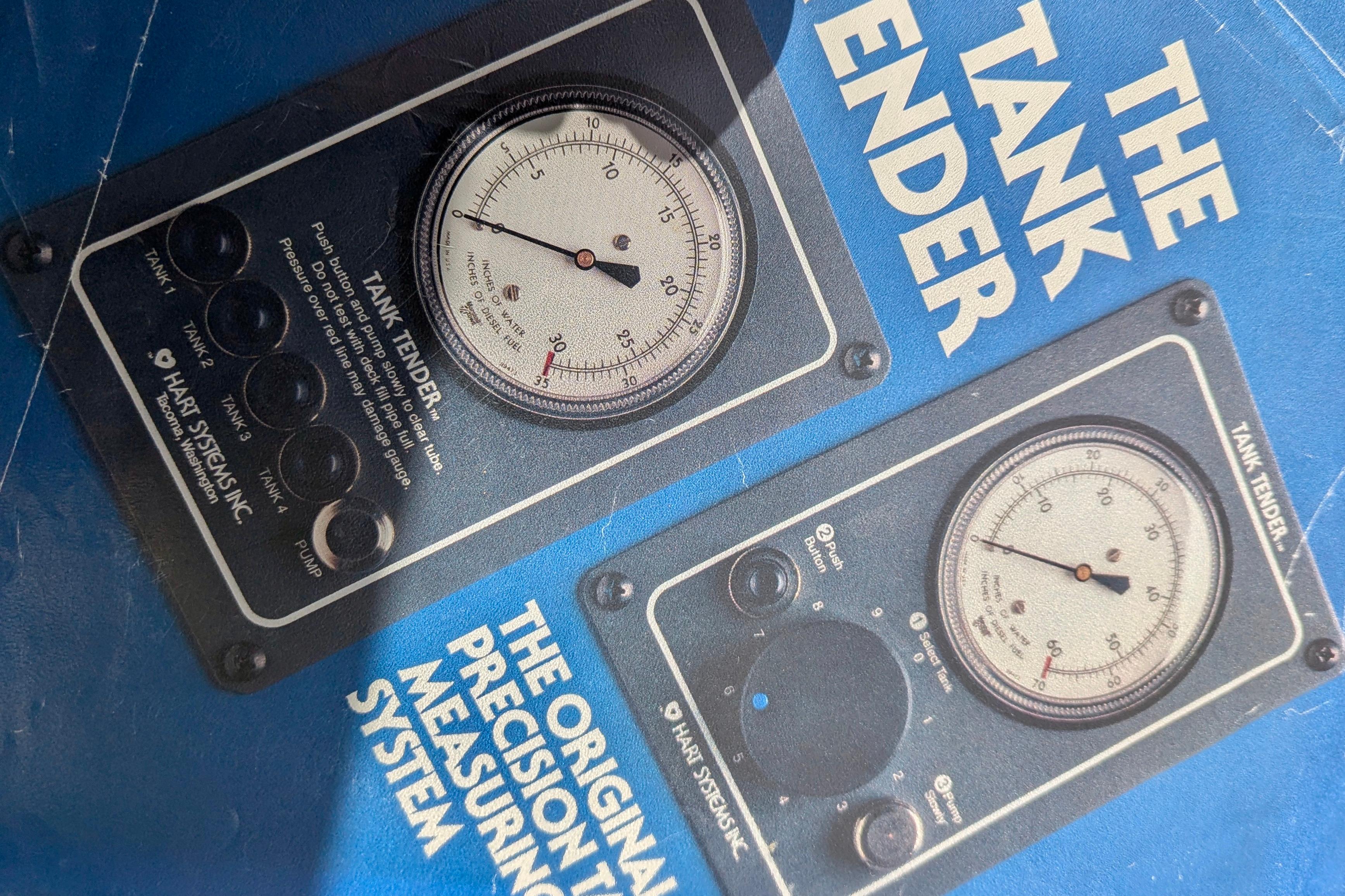 Tank Tender precision measuring system on Chris White Atlantic 42, 2003 model, featuring dual gauges.