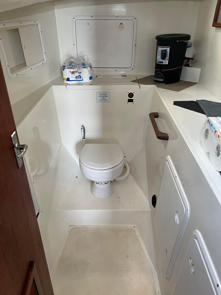 Interior of a 2000 Sea Sport Pacific 32 yacht with toilet.