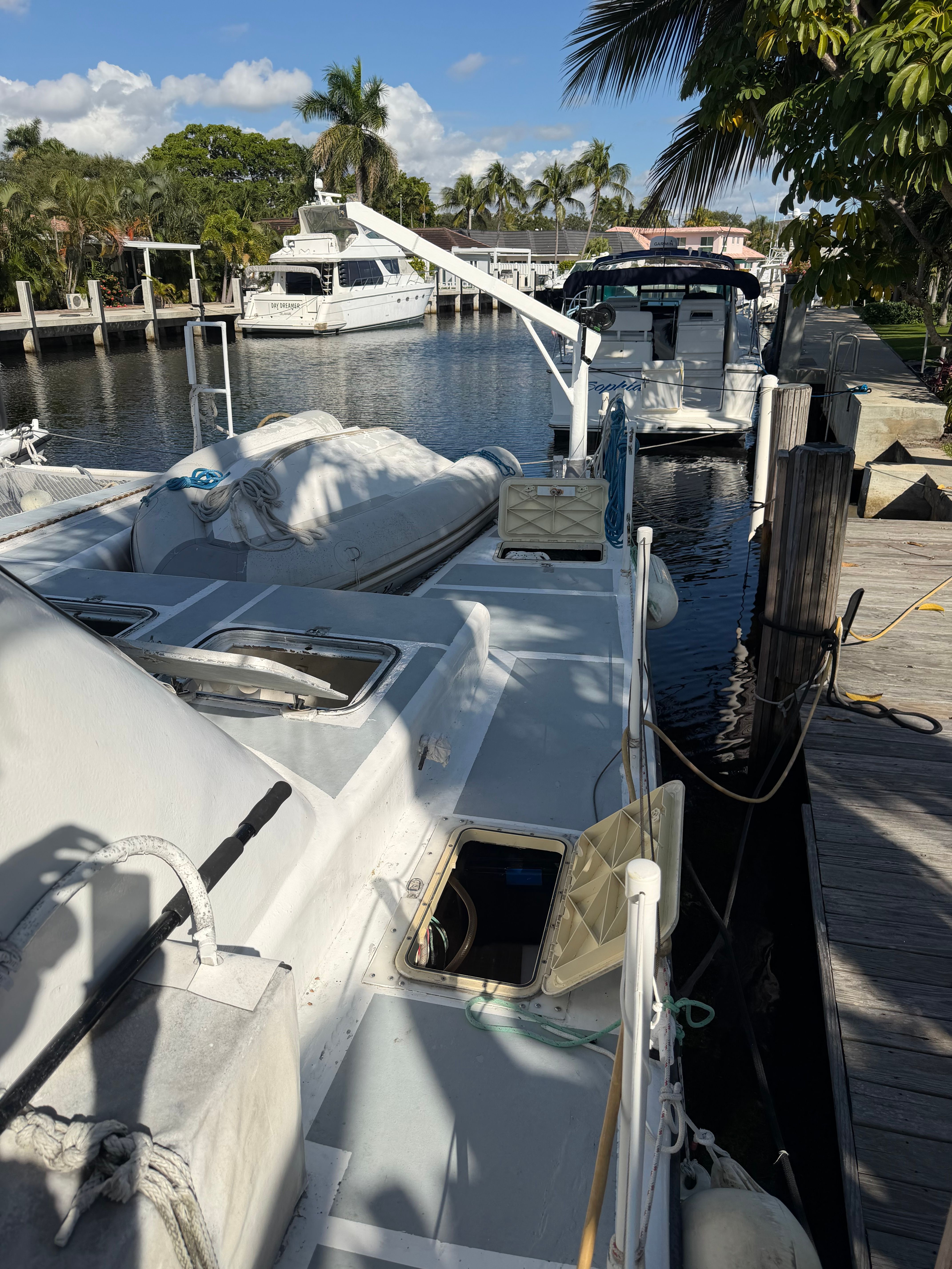 A white boat docked in a calm harbor with palm trees in the background.