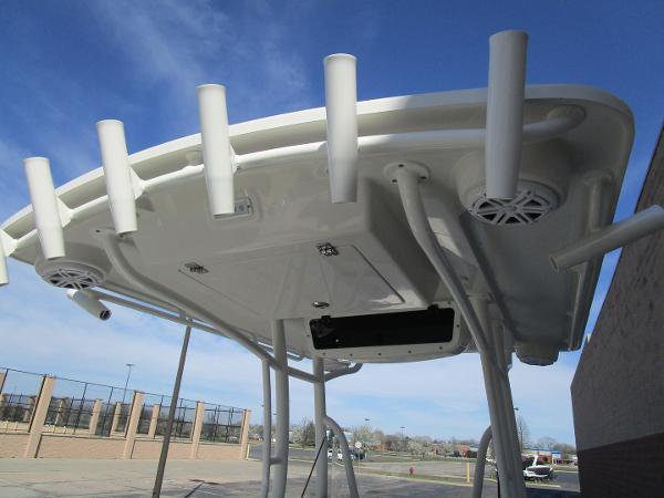2024 Ranger 2660 Bay boat T-top with rod holders and speakers.