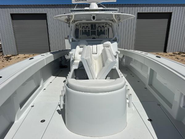 2022 Freeman 42LR boat interior with white seating and modern design.